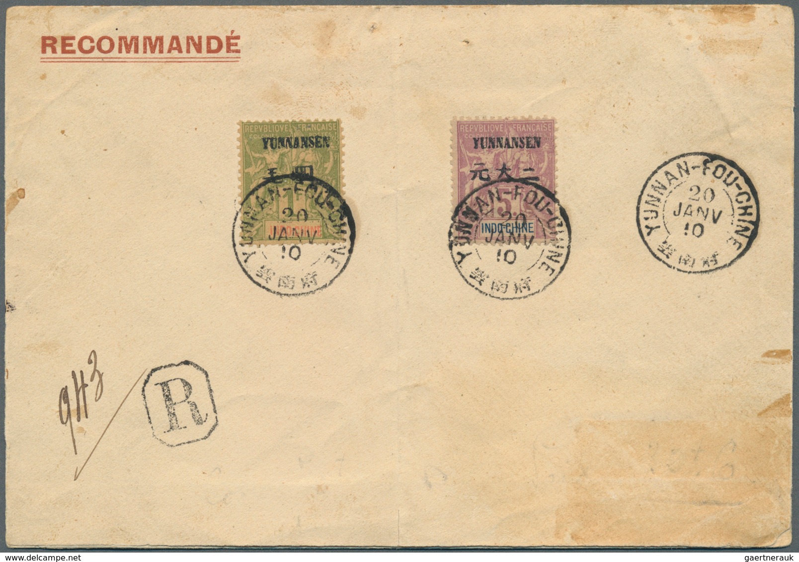 08504 Französisch-Indochina - Postämter In Südchina: Yunnan, 1910. Registered Envelope (toned And Minor Fa - Altri & Non Classificati