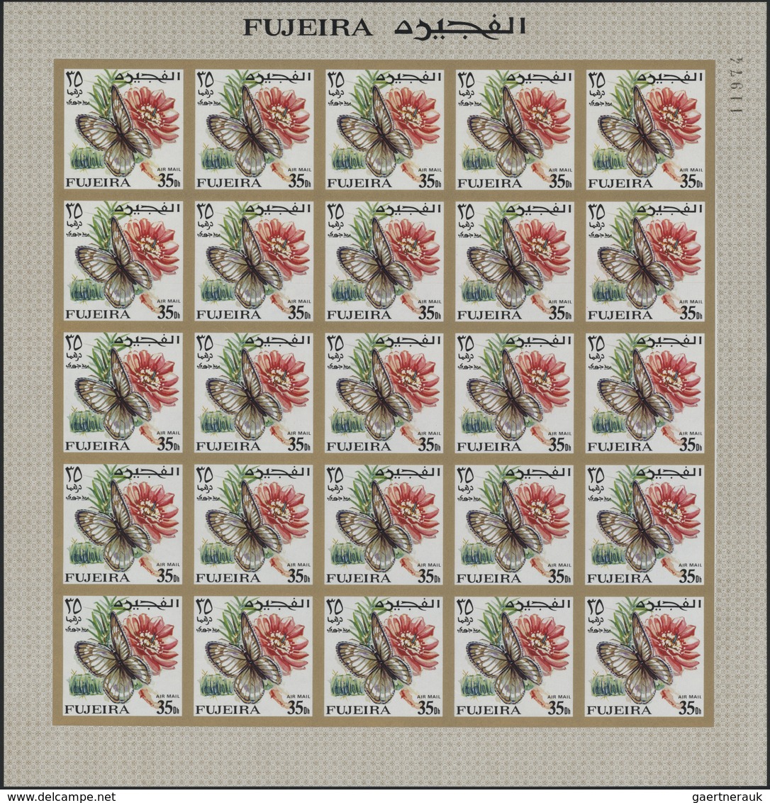 08512 Fudschaira / Fujeira: 1967, Butterflies, imperforate issue, 1dh. to 5r., complete set of 27 values e