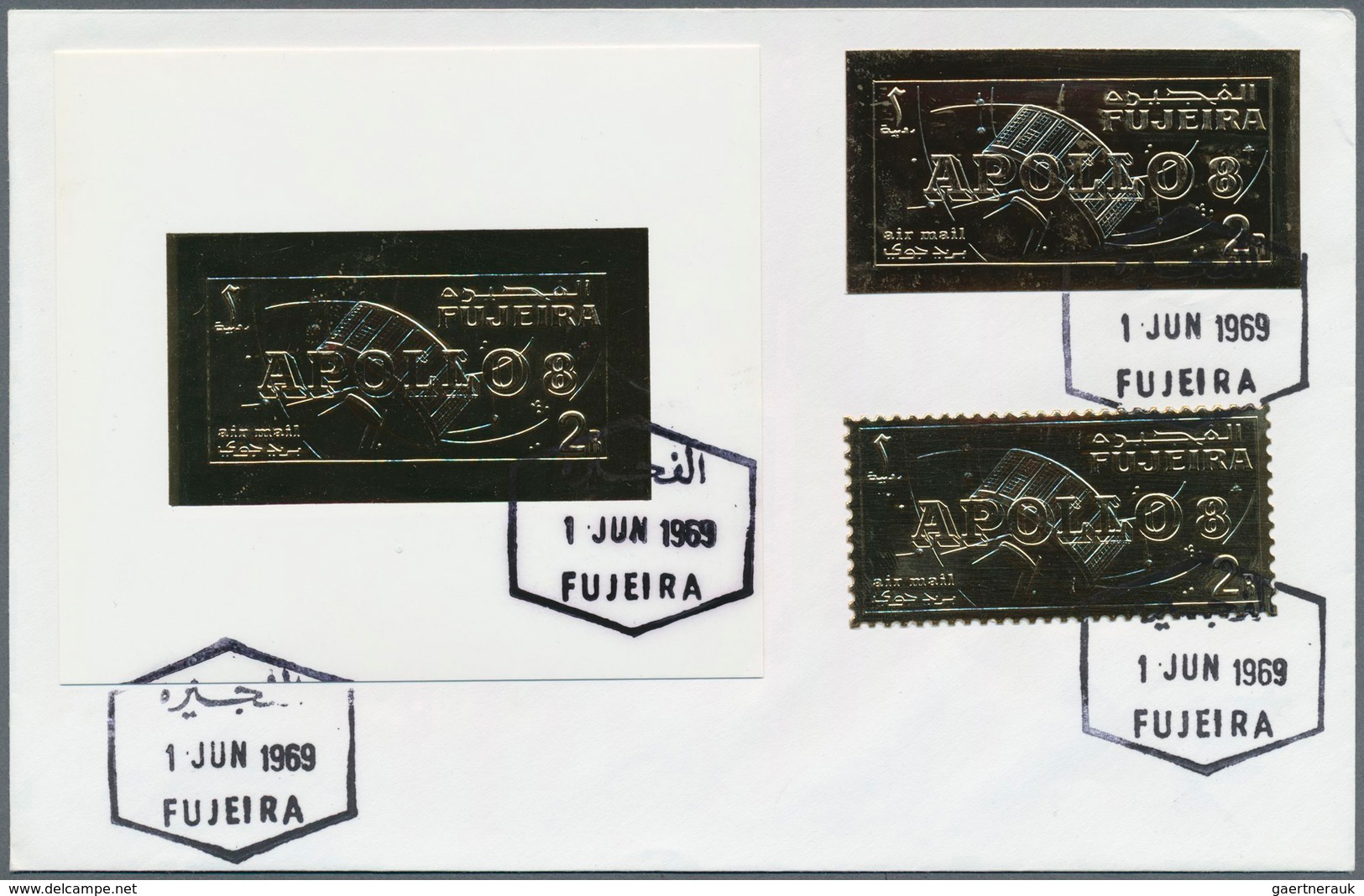 08521 Fudschaira / Fujeira: 1969, GOLD ISSUE 2r. "Apollo 8" Perf./imperf. And The De Luxe Sheet On Unaddre - Fujeira