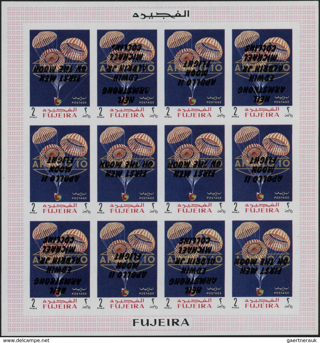 08525 Fudschaira / Fujeira: 1969, Apollo 11 INVERTED OVERPRINTS (all three types) on golden "APOLLO 10" ov