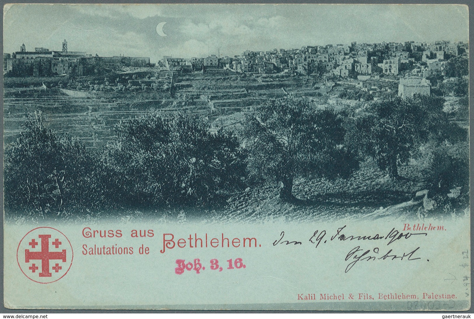 08544 Holyland: 1899-1911, Two Picture Postcards (Greetings From Bethlehem; Imperial Camp Jerusalem) To Ge - Palestine