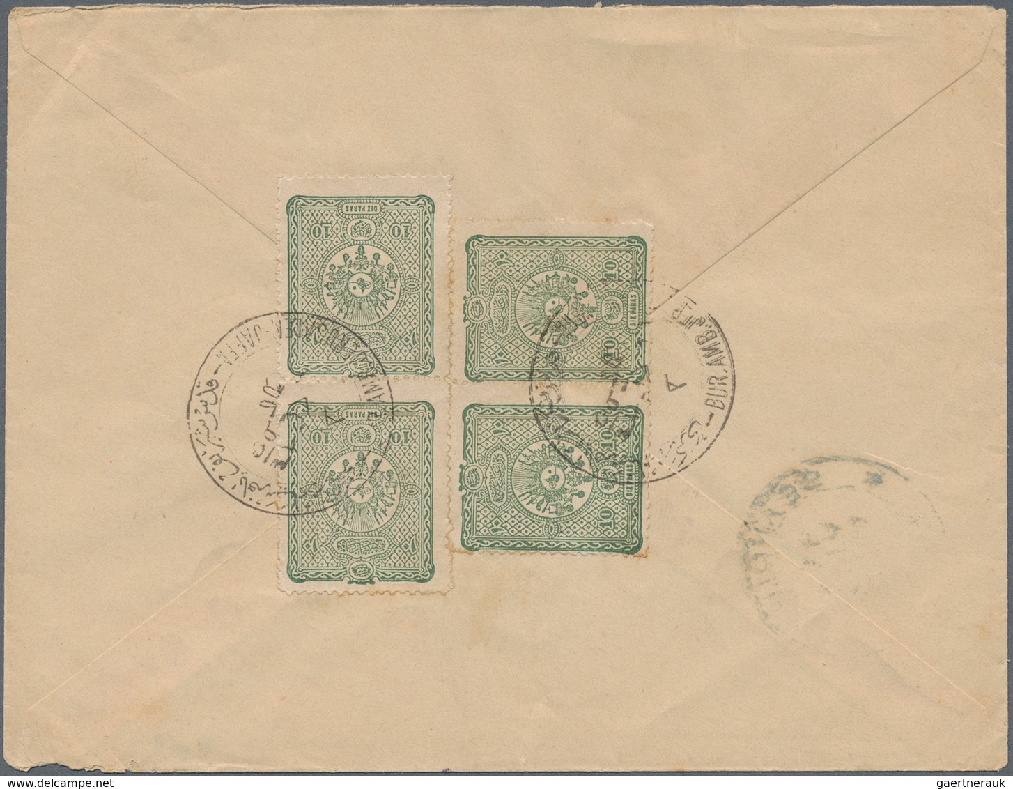 08545 Holyland: 1899, "BUR. AMB. JERUSALEM-JAFFA 1" Ottoman Railway Cancellation On Cover Bearing Two Pair - Palestine