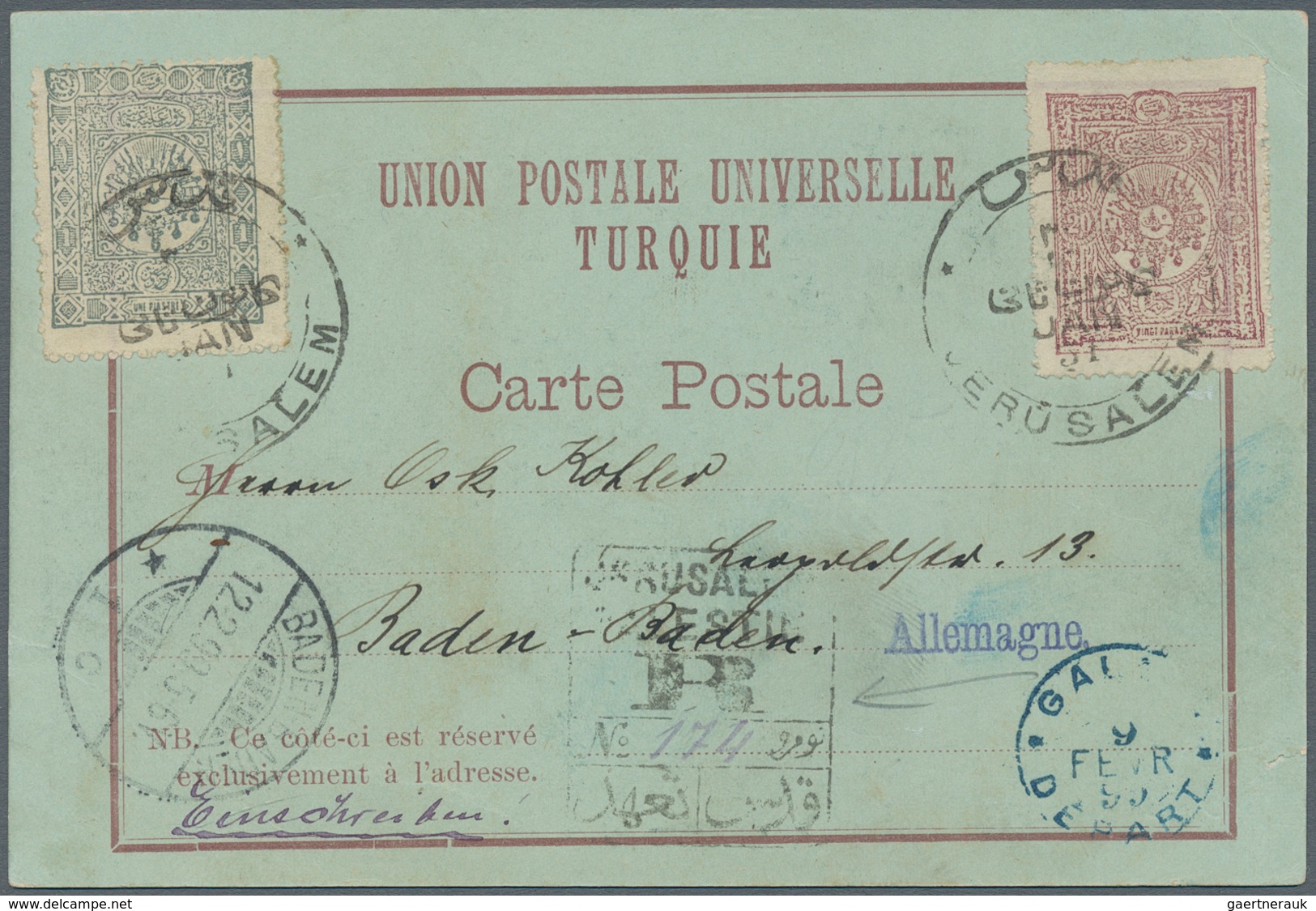 08546 Holyland: 1899, Postcard "Gruss Aus Jerusalem" Bearing Turkey 20 Para Violet And 1 Pia. Greyish Blue - Palestine