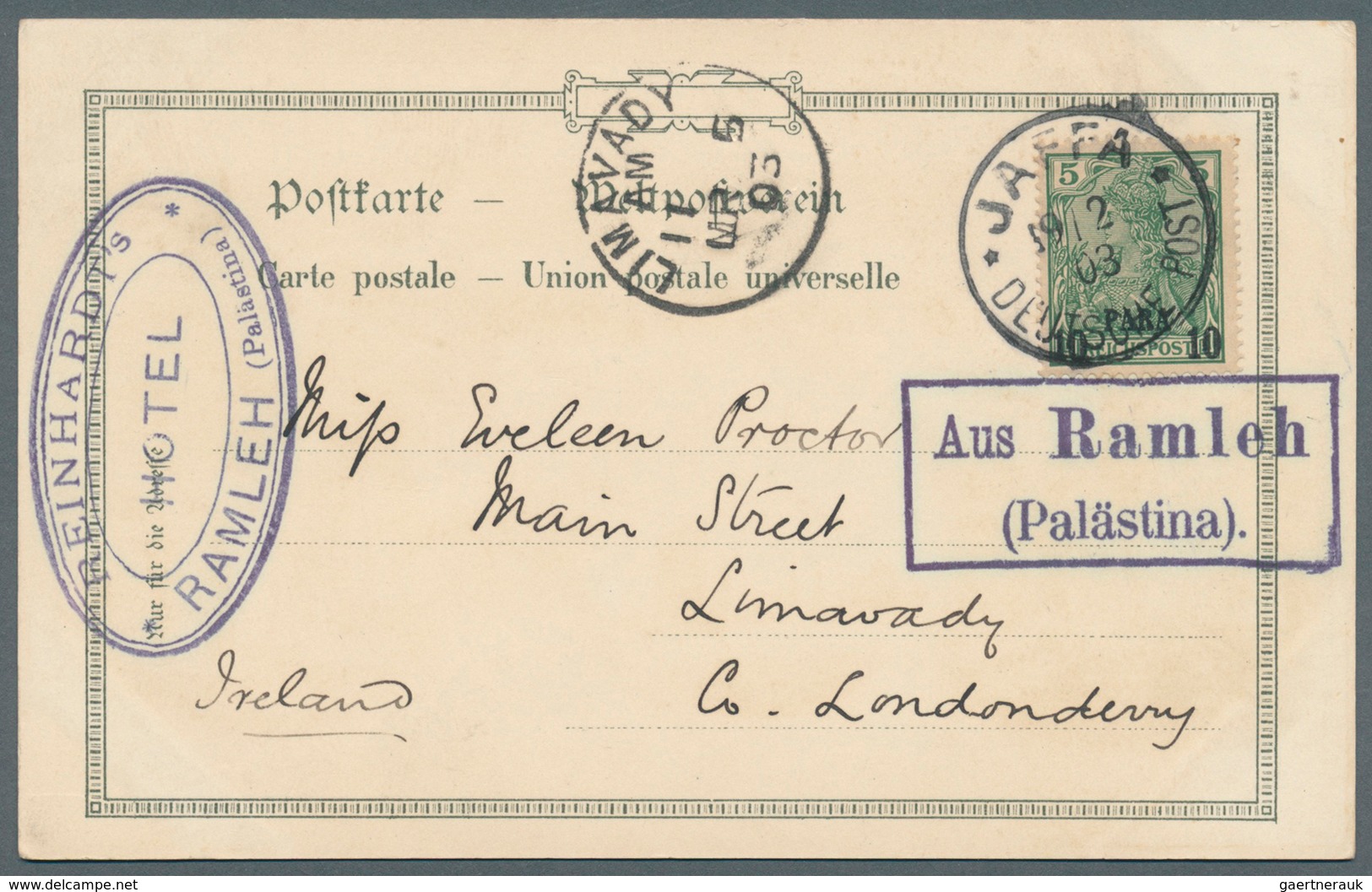 08548 Holyland: 1903. Picture Postcard Written From 'Reinhardt's Hotel, Ramleh' Addressed To Ireland Beari - Palästina