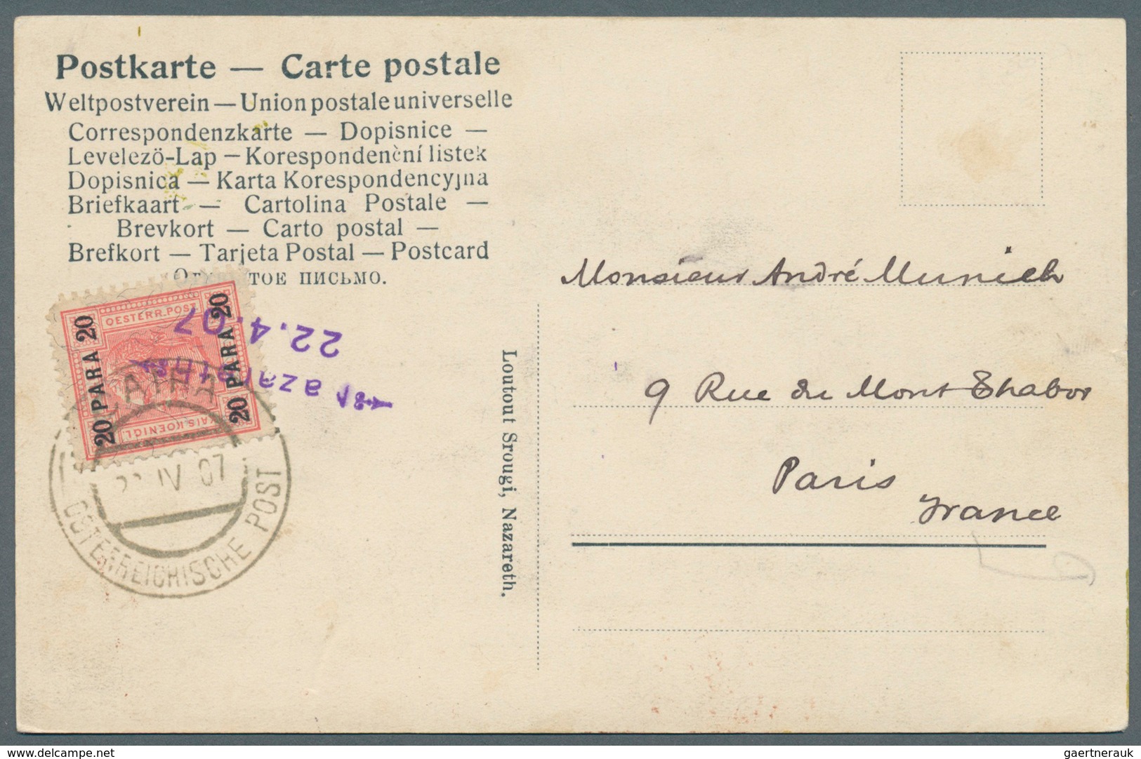08551 Holyland: 1907. Picture Postcard Of 'Tabor' Written Front Nazareth Addressed To France Bearing Austr - Palästina