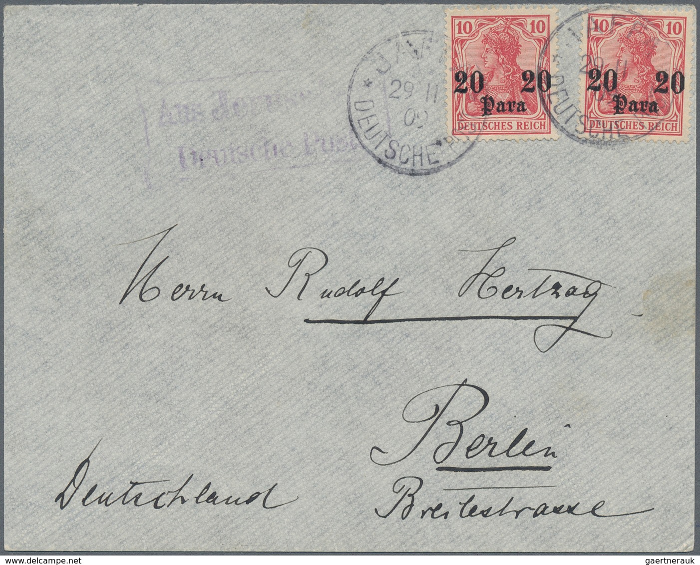 08552 Holyland: 1909, German Post Two Single 20 Para On 10 Pf. Red Tied By "JAFFA 29/11/09 DEUTSCHE POST" - Palästina