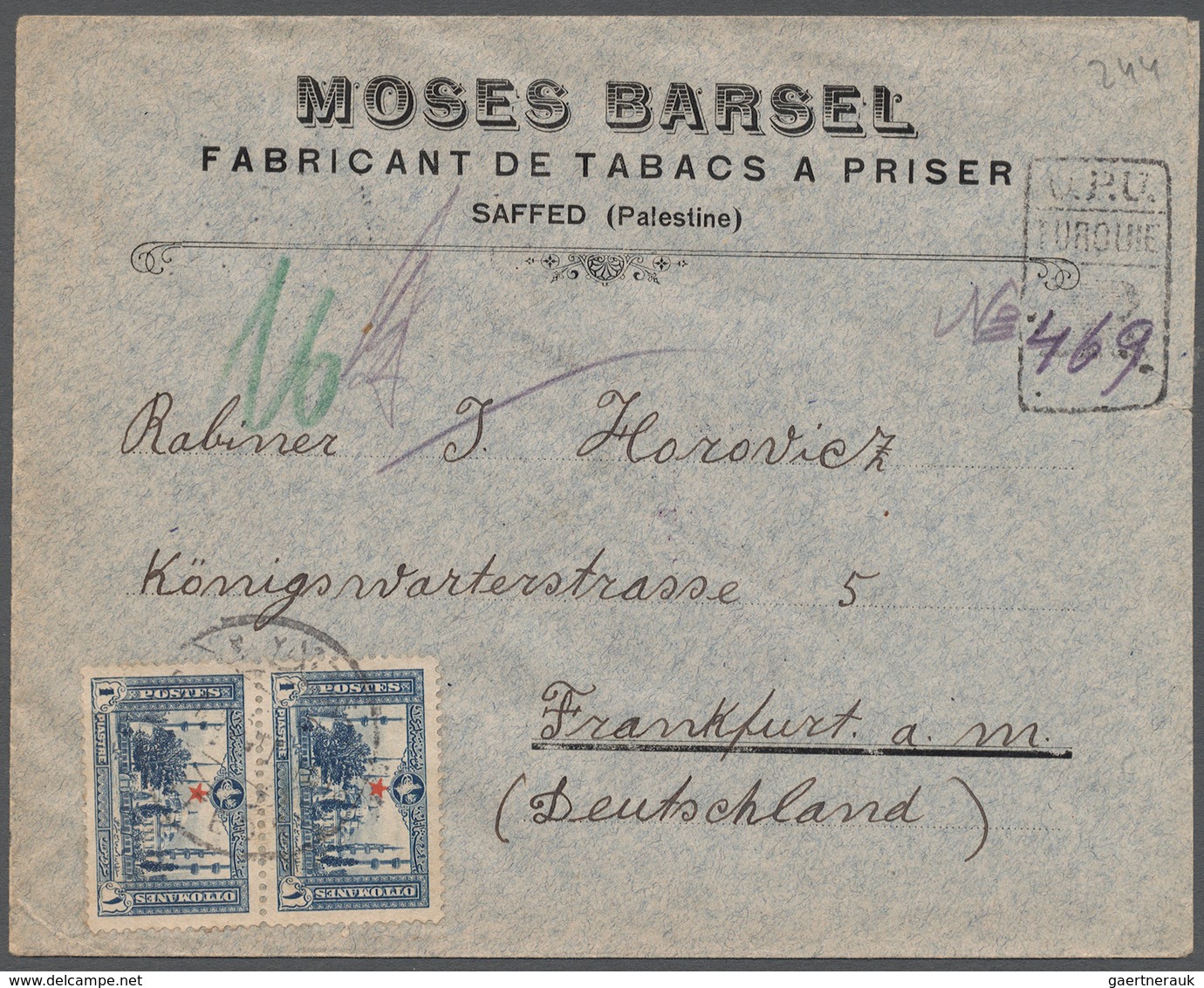 08557 Holyland: 1916, 1 Pia. Ultramrarine, Vertical Pair Tied By Bilingual Cds. "SAFED 2...16" To Register - Palästina