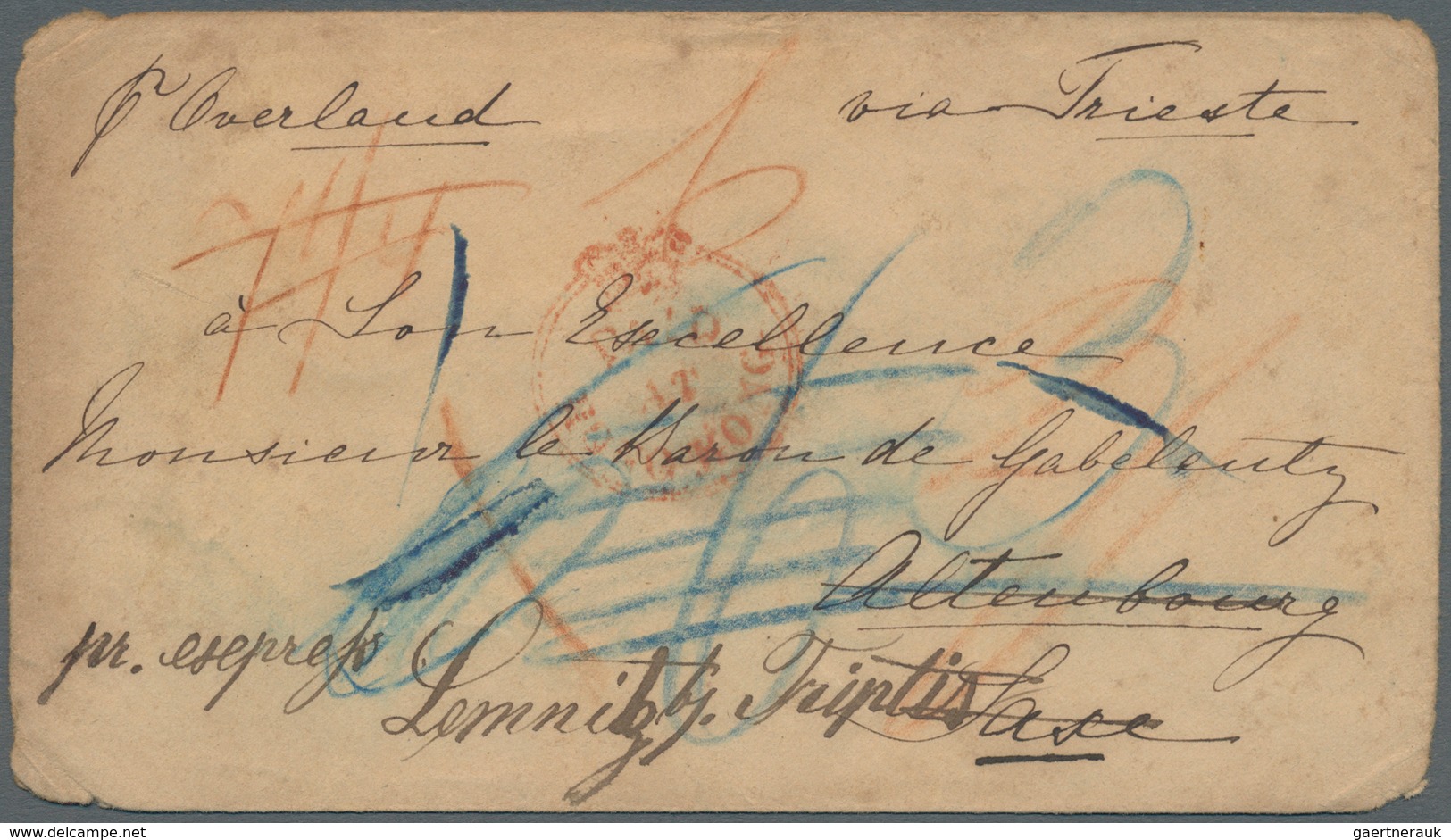 08563 Hongkong: 1859, Large Type Red Crowned Circle "PAID AT HONG KONG" W. "HONG KONG 15 FE 1859" On Rever - Sonstige & Ohne Zuordnung