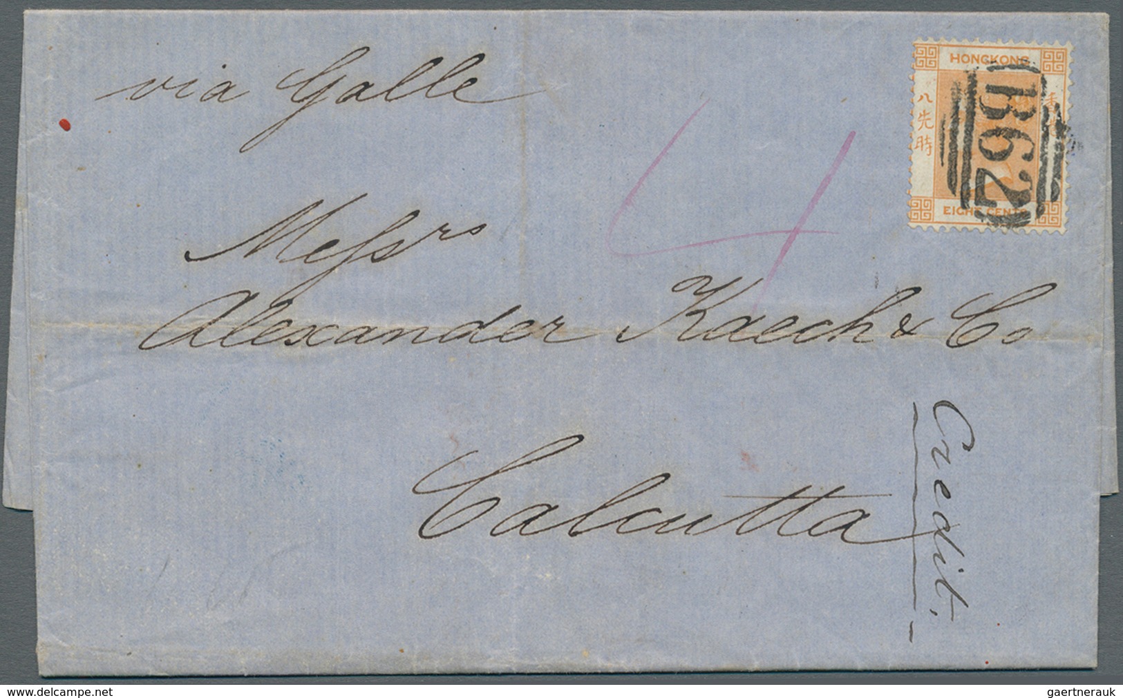 08566 Hongkong: 1865, QV 8 C. Tied "B62" To Entire Folded Letter To Calcutta W. Dateline "22 June 1870", O - Sonstige & Ohne Zuordnung