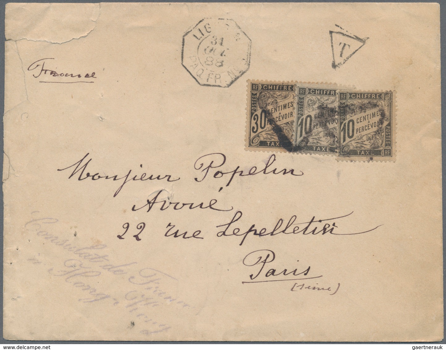 08570 Hongkong: 1888. Stamp-less Envelope (roughly Opened) Written From The French Consulate In Hong Kong - Altri & Non Classificati