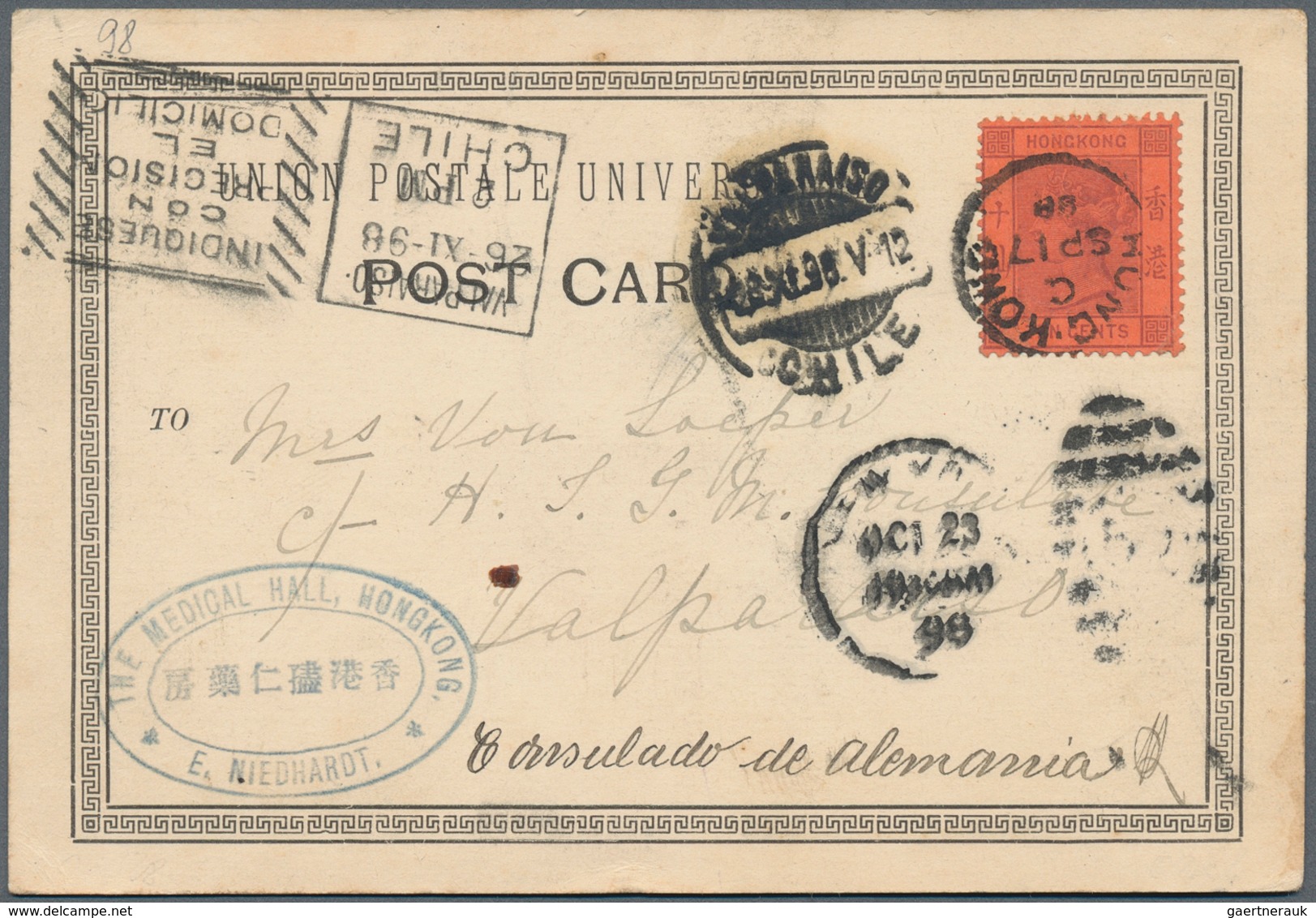 08571 Hongkong: 1891, QV 10 C. Violet On Red Tied "HONG KONG C SP 17 98" To Ppc "Greetings From Hong-Kong" - Autres & Non Classés