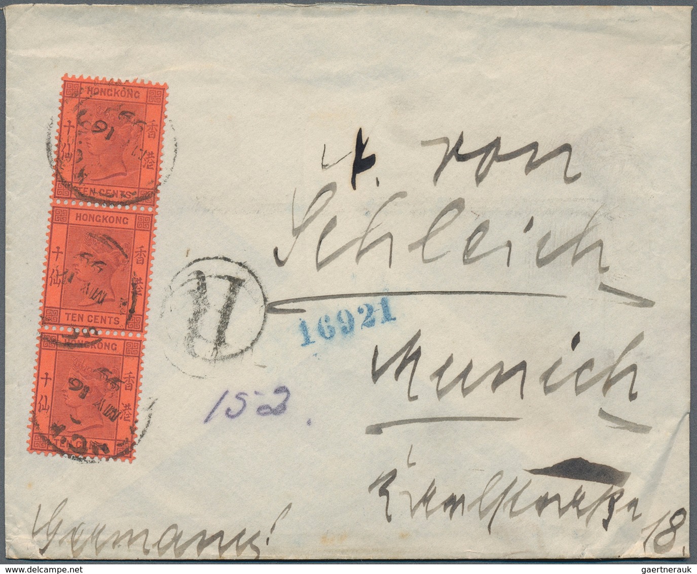 08572 Hongkong: 1891, QV 10 C. Violet On Red, A Vertical Strip-3 Tied "HONG KONG C MY 16 99" To Registered - Autres & Non Classés