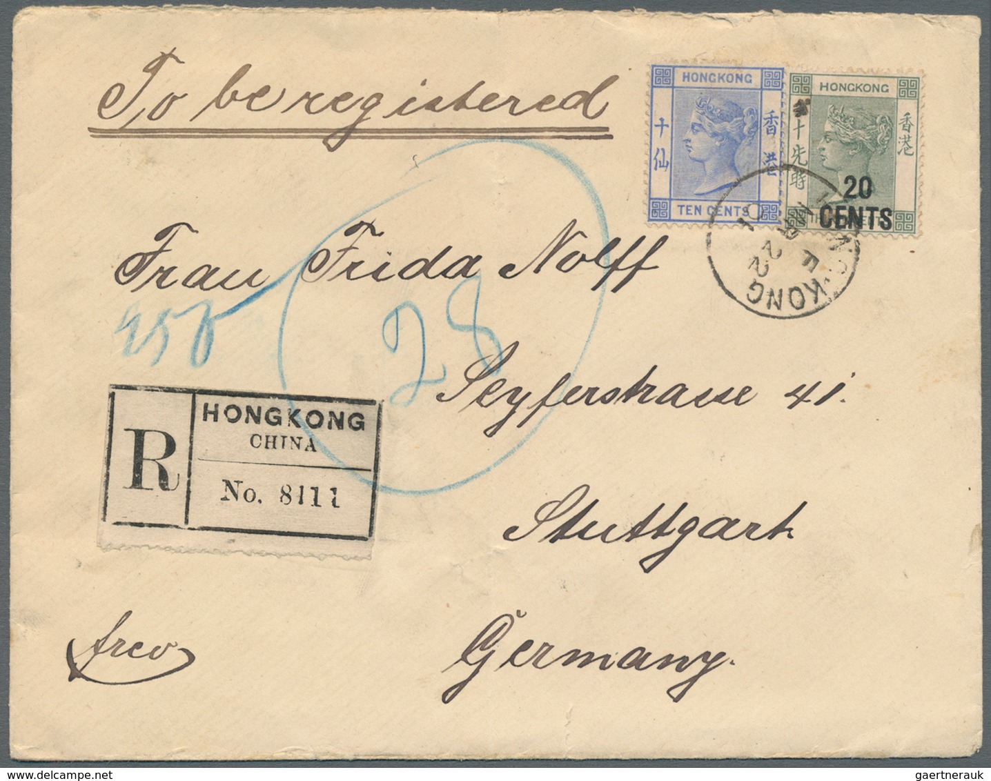 08573 Hongkong: 1891/1900, QV 20 C./10 C. And 10 C. Ultra Tied "HONG KONG F MR 22 01" To Registered Cover - Sonstige & Ohne Zuordnung