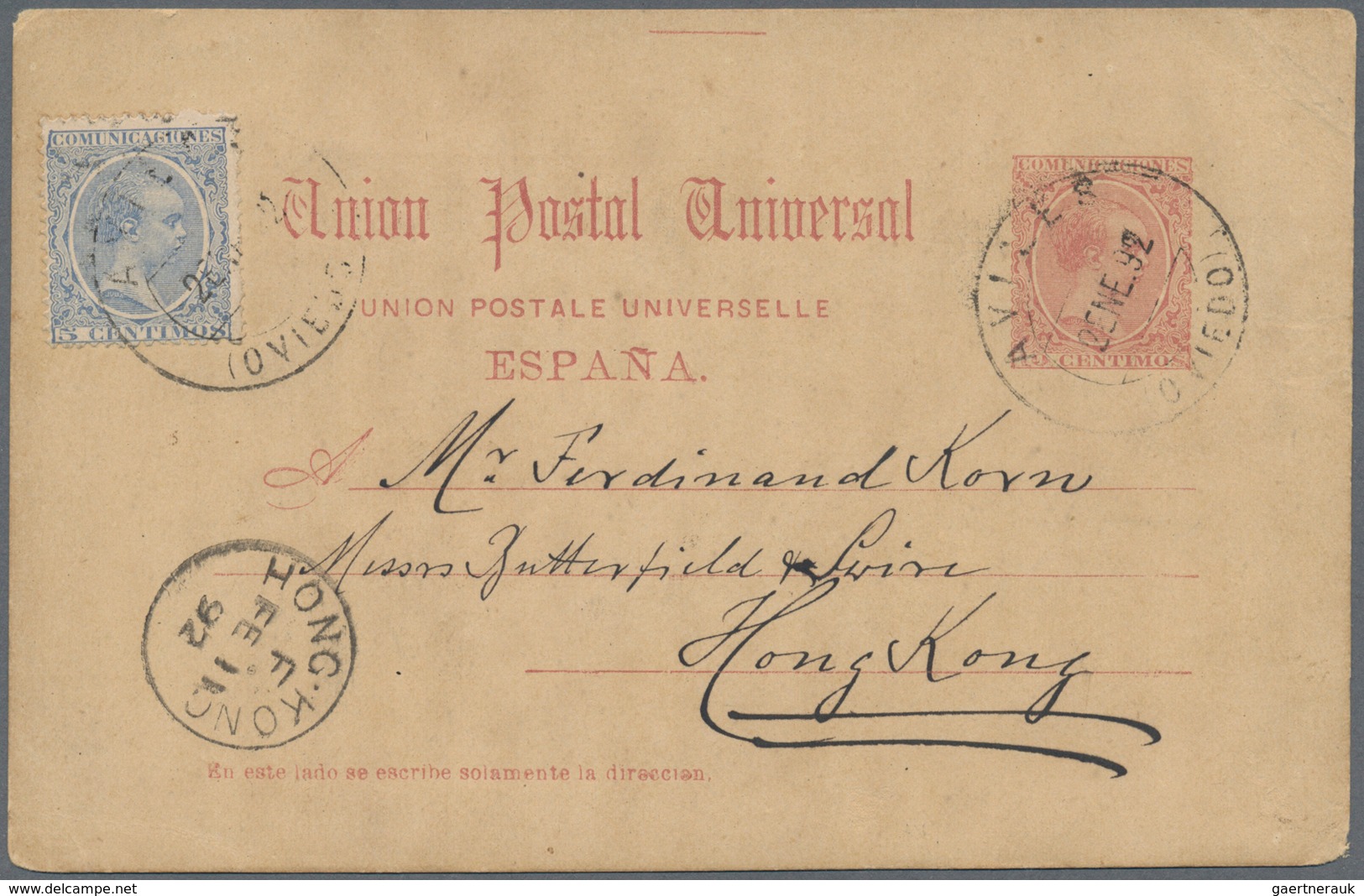 08574 Hongkong: 1892. Spanish Postal Stationery Card "Alphonse" 10c Claret Upgraded With Yvert 198, 5c Blu - Autres & Non Classés