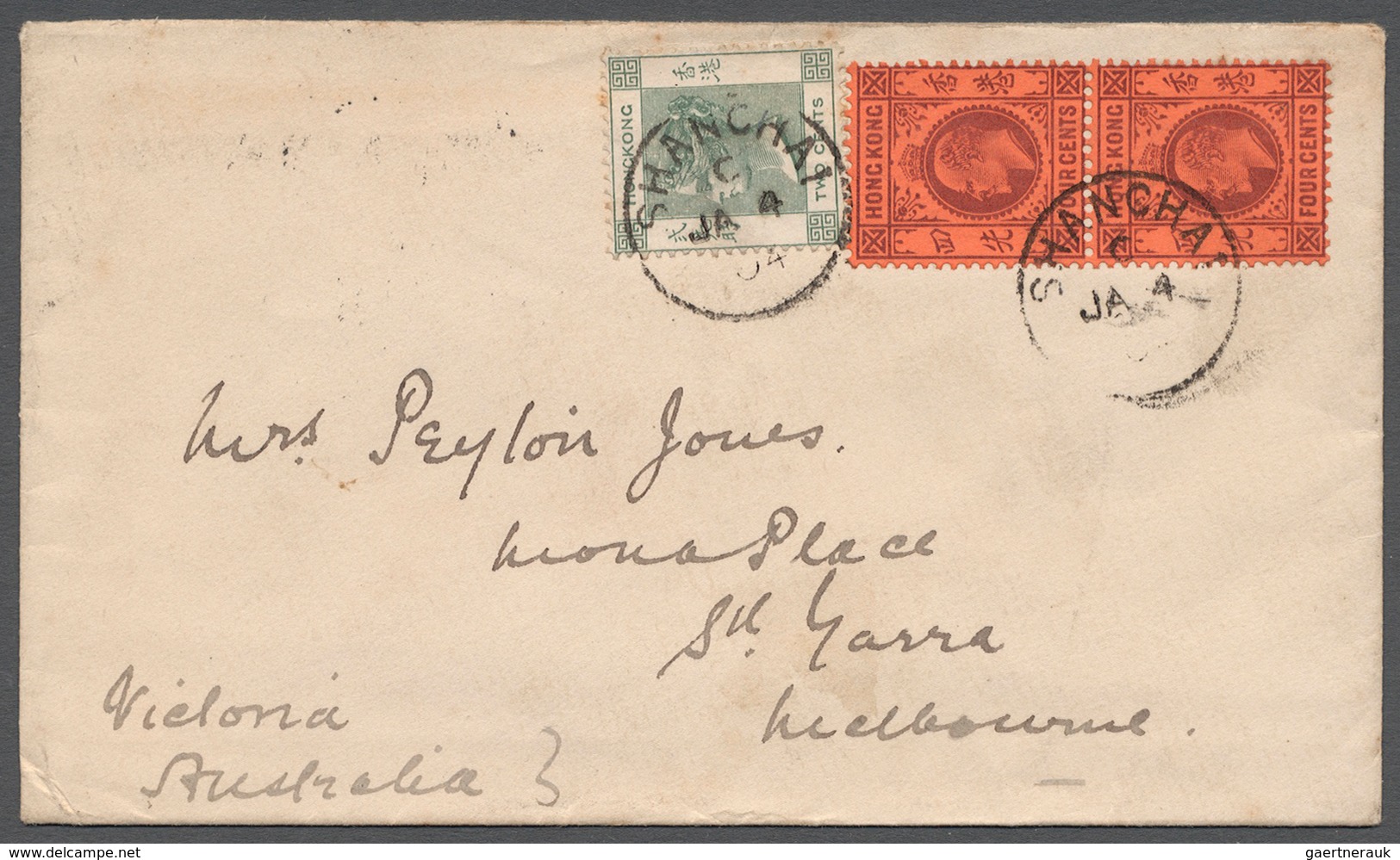 08580 Hongkong: 1904, Cover From The Shanghai Club To Melbourne/AUSTRALIA, Franked With 1900 QV 2c Green A - Autres & Non Classés