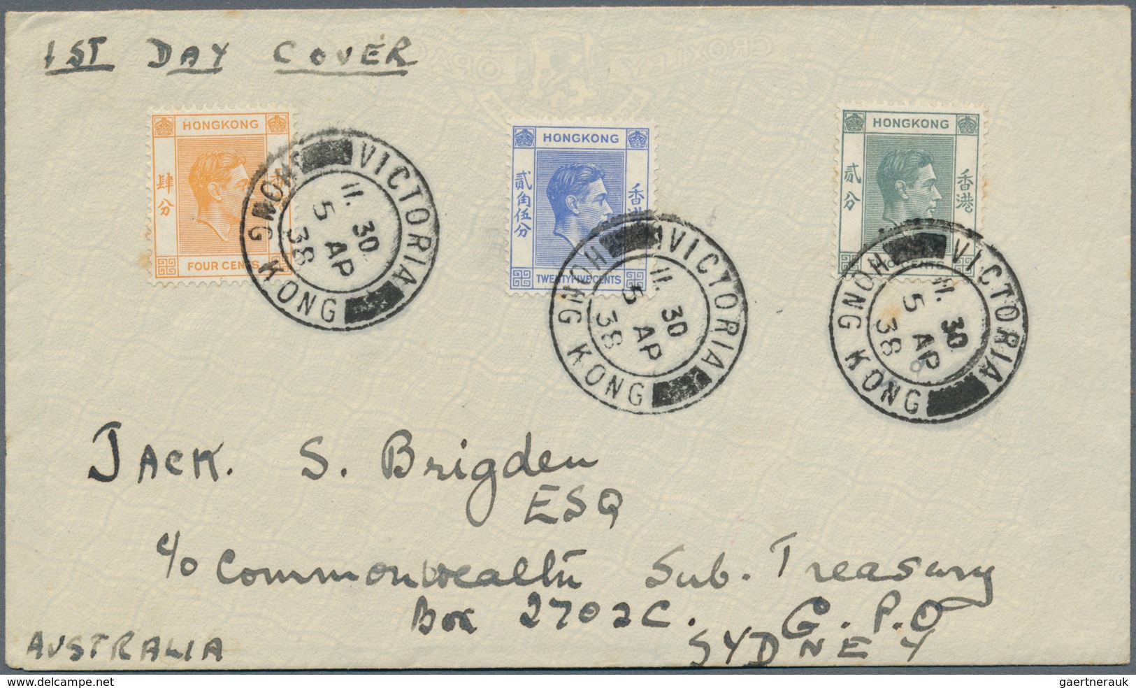 08585 Hongkong: 1938, KGVI 2, 4 And 25 C. Light-blue On Envelope "1ST DAY COVER" From "VICTORIA 5 AP 38" T - Autres & Non Classés