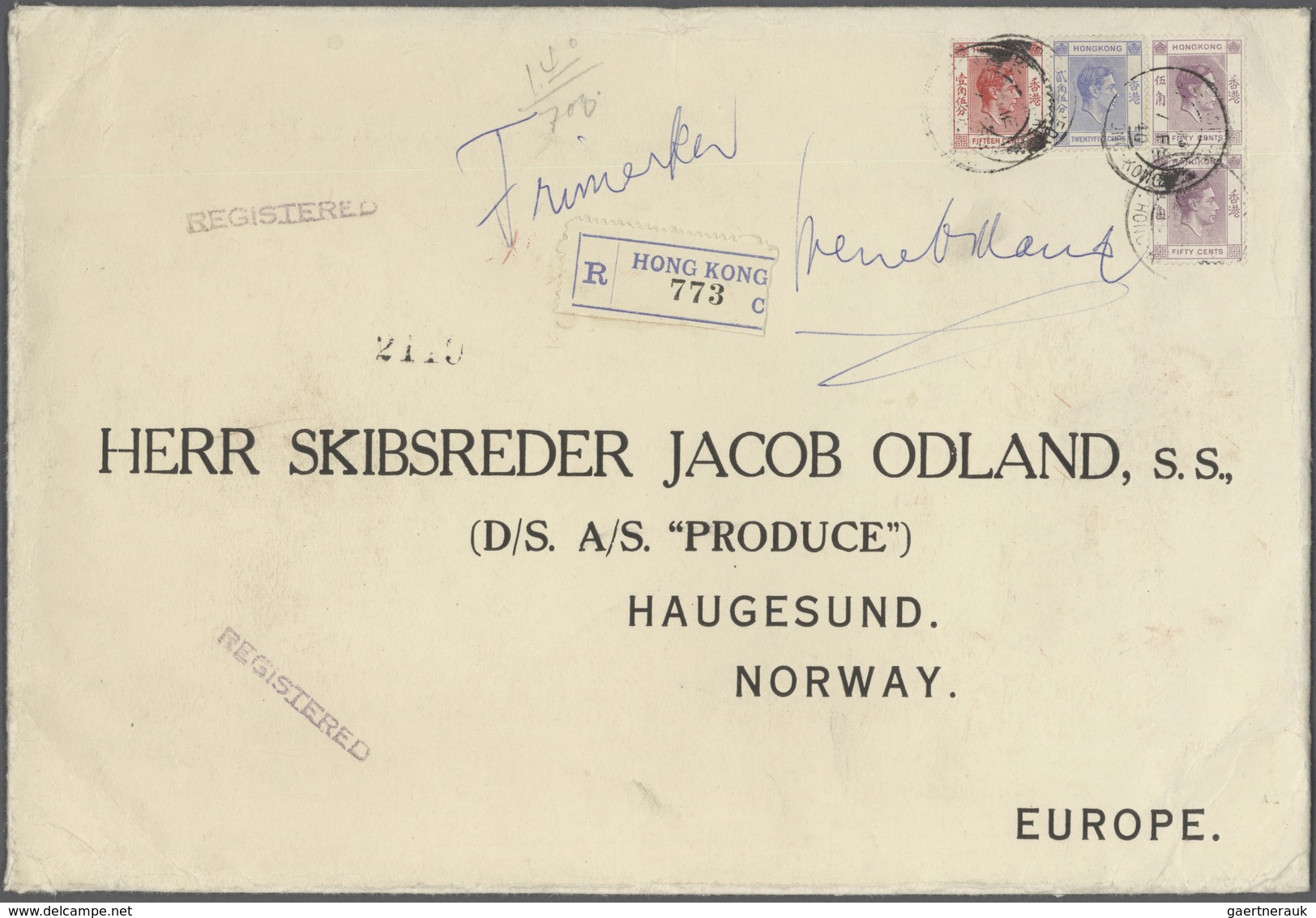 08586 Hongkong: 1940, KGVI 50 C. Three Larger-size (274x188mm) Registered Covers To Norway Inc. Pure Multi - Sonstige & Ohne Zuordnung