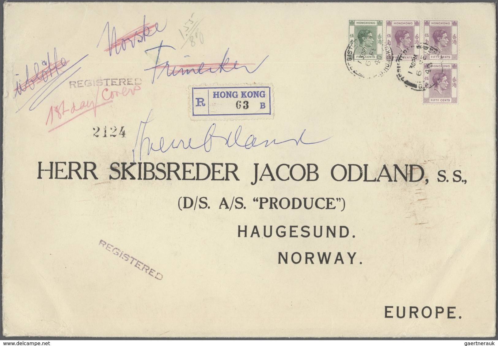 08586 Hongkong: 1940, KGVI 50 C. Three Larger-size (274x188mm) Registered Covers To Norway Inc. Pure Multi - Autres & Non Classés