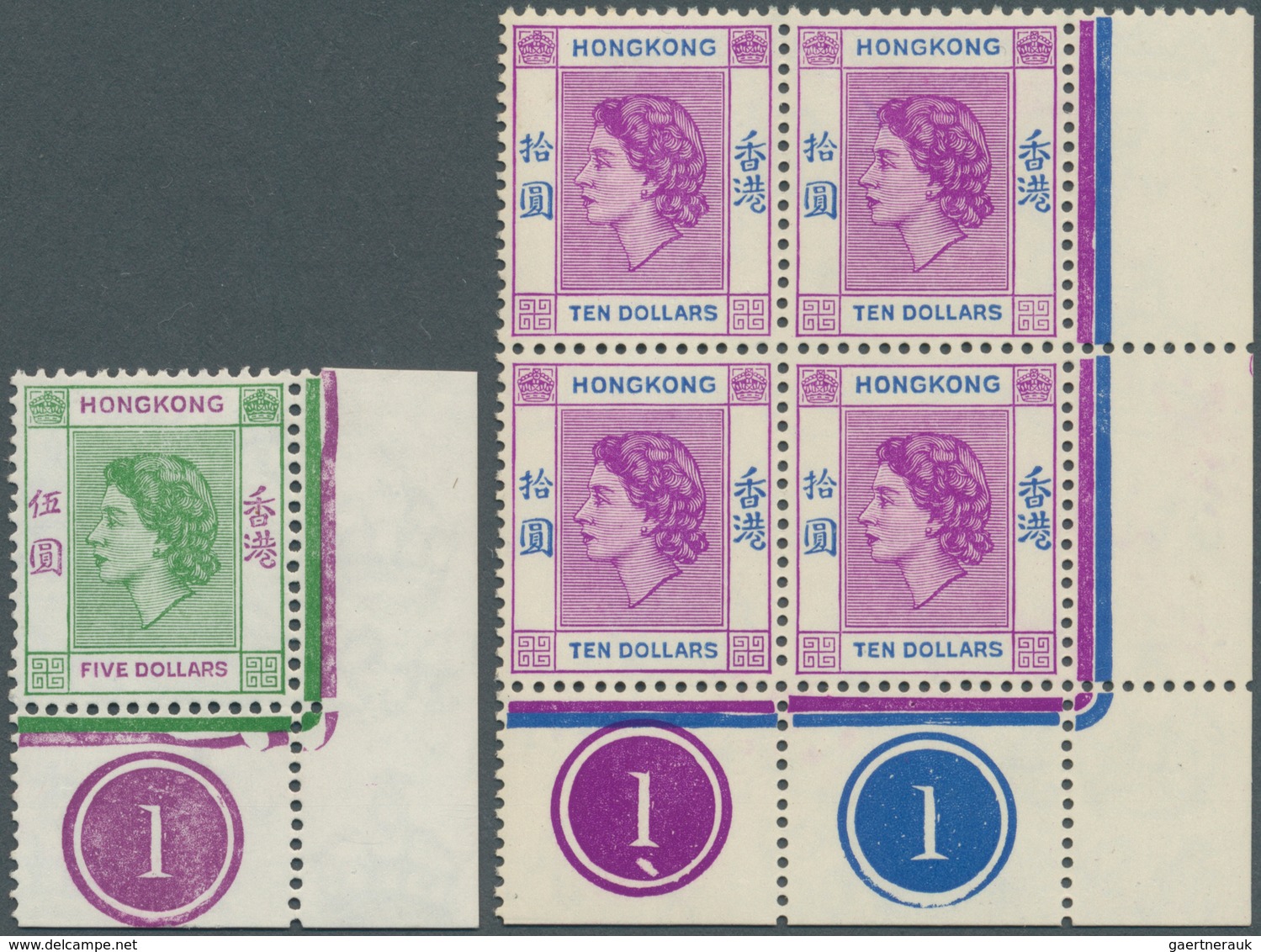 08588 Hongkong: 1954, QEII Definitives Ten Different Stamps Mostly In Blocks Of Four From Corners With PLA - Sonstige & Ohne Zuordnung