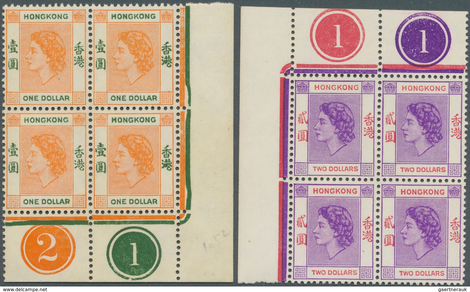 08588 Hongkong: 1954, QEII Definitives Ten Different Stamps Mostly In Blocks Of Four From Corners With PLA - Autres & Non Classés