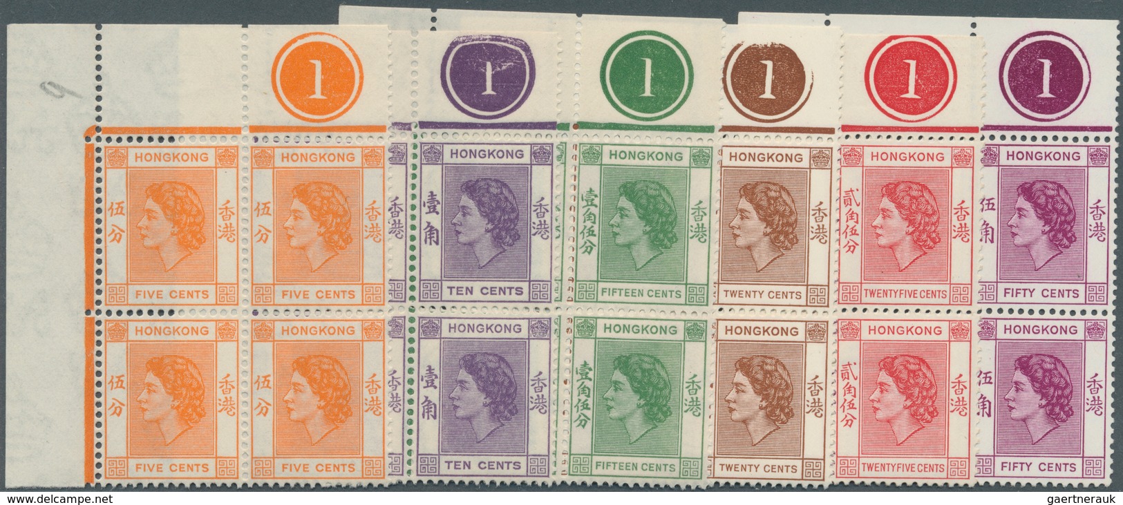 08588 Hongkong: 1954, QEII Definitives Ten Different Stamps Mostly In Blocks Of Four From Corners With PLA - Sonstige & Ohne Zuordnung