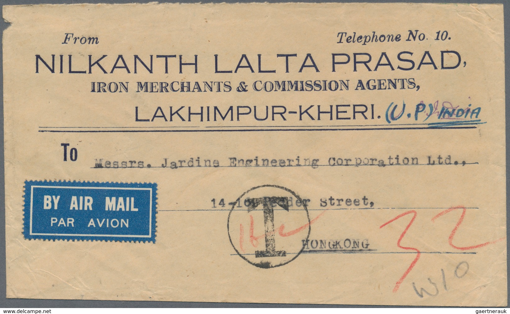 08589 Hongkong: 1954. Air Mail Envelope Written From India Addressed To Hong Kong Bearing Lndia SG 313, 2a - Autres & Non Classés