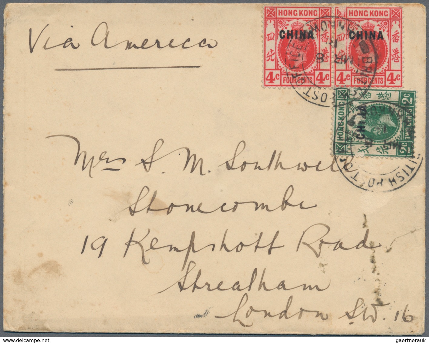 08593 Hongkong - Britische Post In China: 1918. Envelope (a Few Spots) Written From 'S.S. "Tuck Wo" Near H - Briefe U. Dokumente