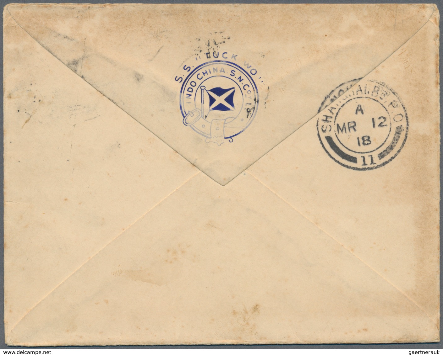 08593 Hongkong - Britische Post In China: 1918. Envelope (a Few Spots) Written From 'S.S. "Tuck Wo" Near H - Briefe U. Dokumente