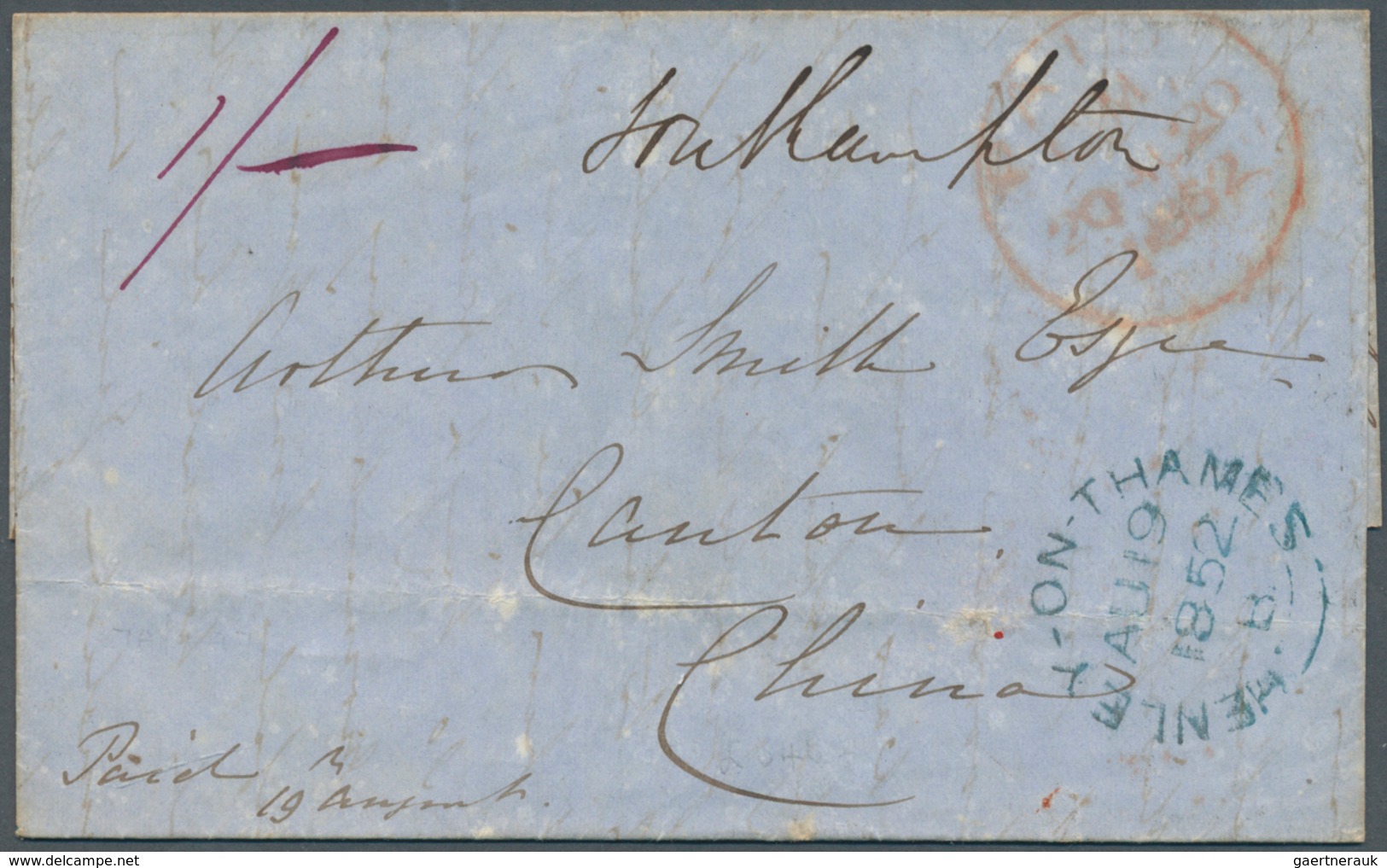 08594 Hongkong - Treaty Ports: 1852. Stampless Envelope Written From 'Woodcote, Henley' Dated 'Au 19 1852' - Sonstige & Ohne Zuordnung