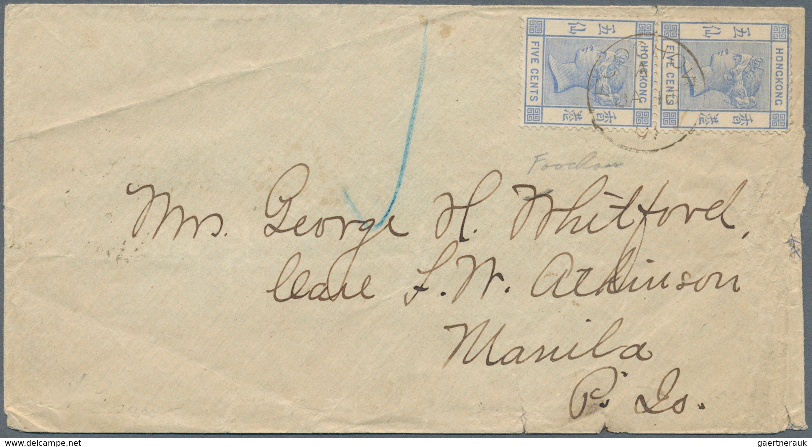 08596 Hongkong - Treaty Ports: Foochow: 1882, 5 C. Ultra Pair Tied ''FOOCHOW A JA 16 01`` To Cover (faults) - Sonstige & Ohne Zuordnung