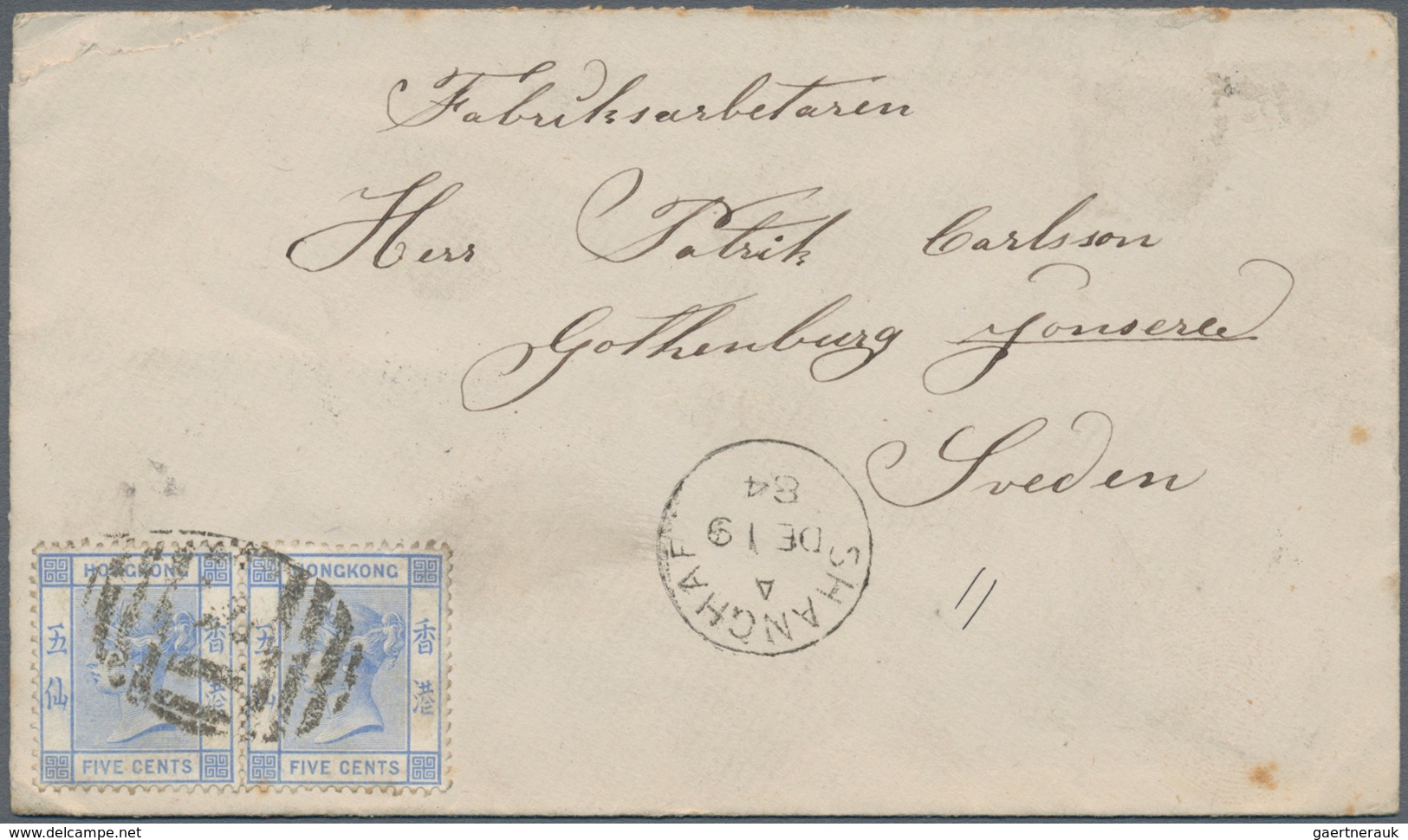 08599 Hongkong - Treaty Ports: Shanghai, 1884, QV 5 C. Ultramarine, A Horizontal Pair Canc. "S1" To Cover - Autres & Non Classés