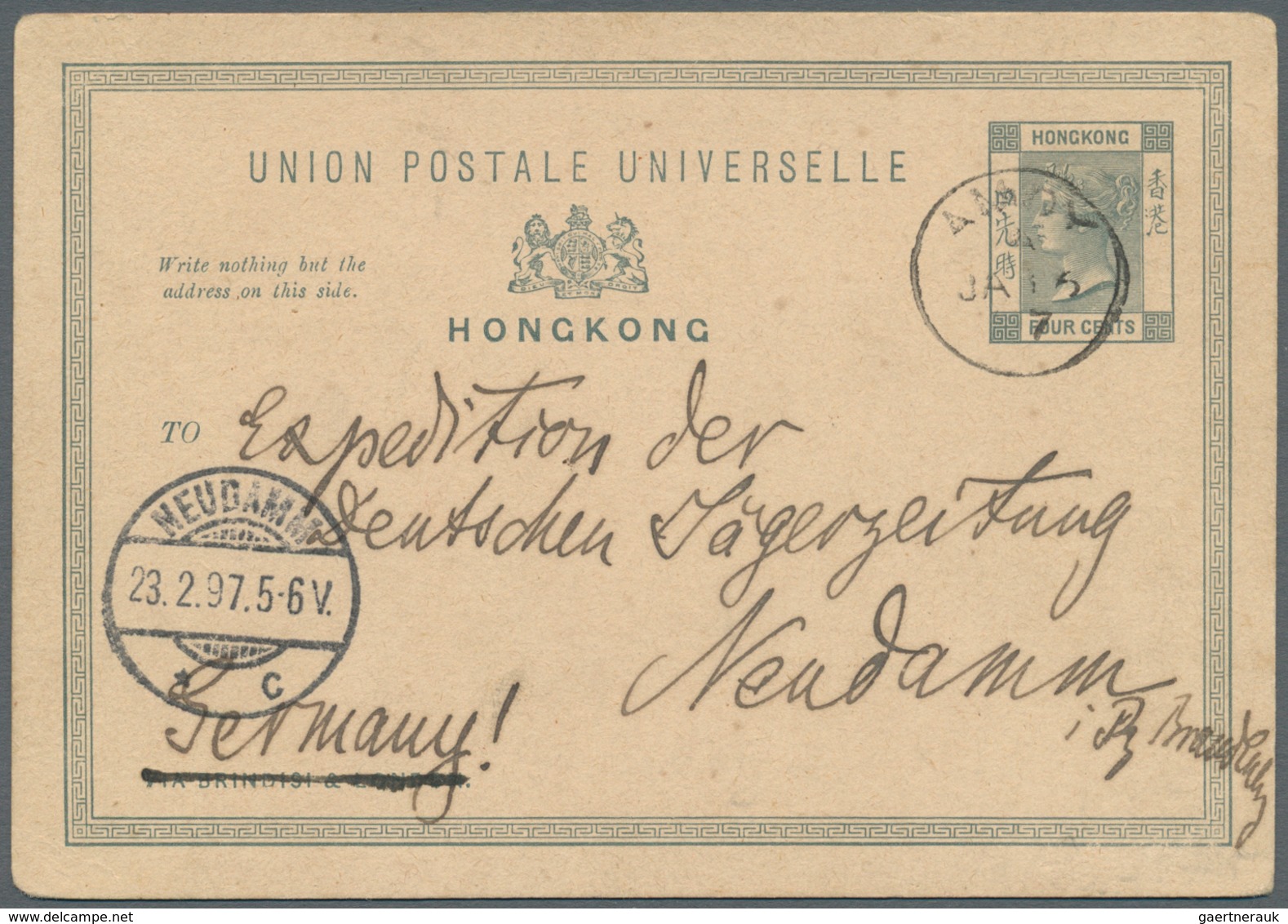 08601 Hongkong - Treaty Ports: Amoy: 1897, Card QV 4 C. Grey Canc. "AMOY A JA 15 97" To Germany W. Arrival - Sonstige & Ohne Zuordnung