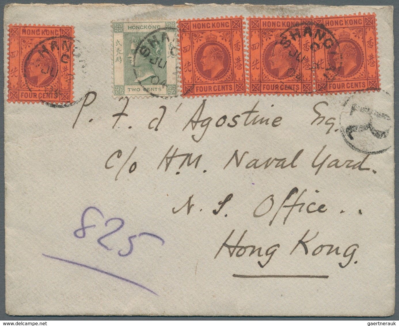08602 Hongkong - Treaty Ports: 1900/02, QV 2 C. Green W. KEVII 4 C. Lilac On Red (3) Tied "SHANGHAI C JU2 - Autres & Non Classés