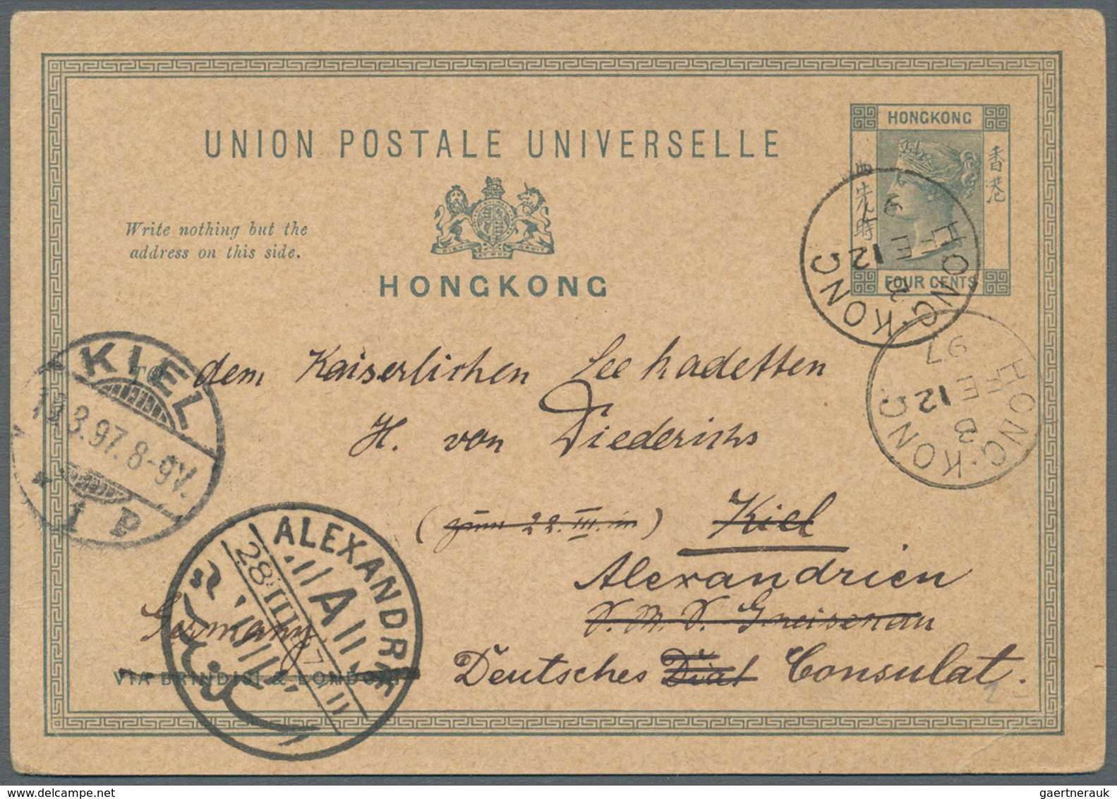 08608 Hongkong - Ganzsachen: 1897, Card QV 4 C. Grey Canc. "HONG KONG B FE 12 97" To Staff Of "S.M.S. Gnei - Ganzsachen