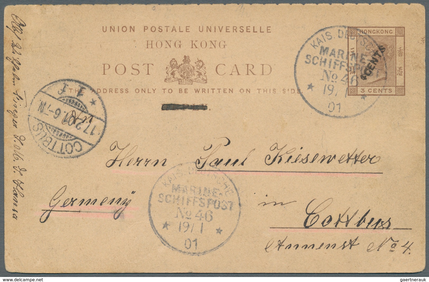 08611 Hongkong - Ganzsachen: 1901, Card QV 4 C./3 C. ("reply" Deleted) Canc. "Imp. German Navy Mails No. 4 - Entiers Postaux