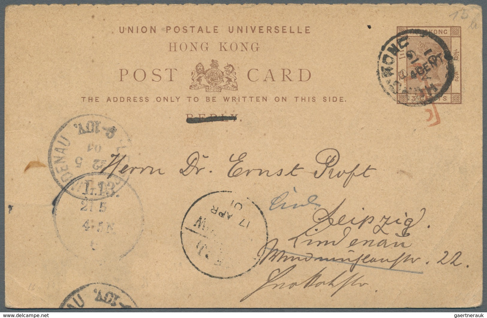 08612 Hongkong - Ganzsachen: 1901, QV 4 C./3 C. Reply Part ("reply" Deleted) Tied Boxed Red "I.P.O." With - Entiers Postaux