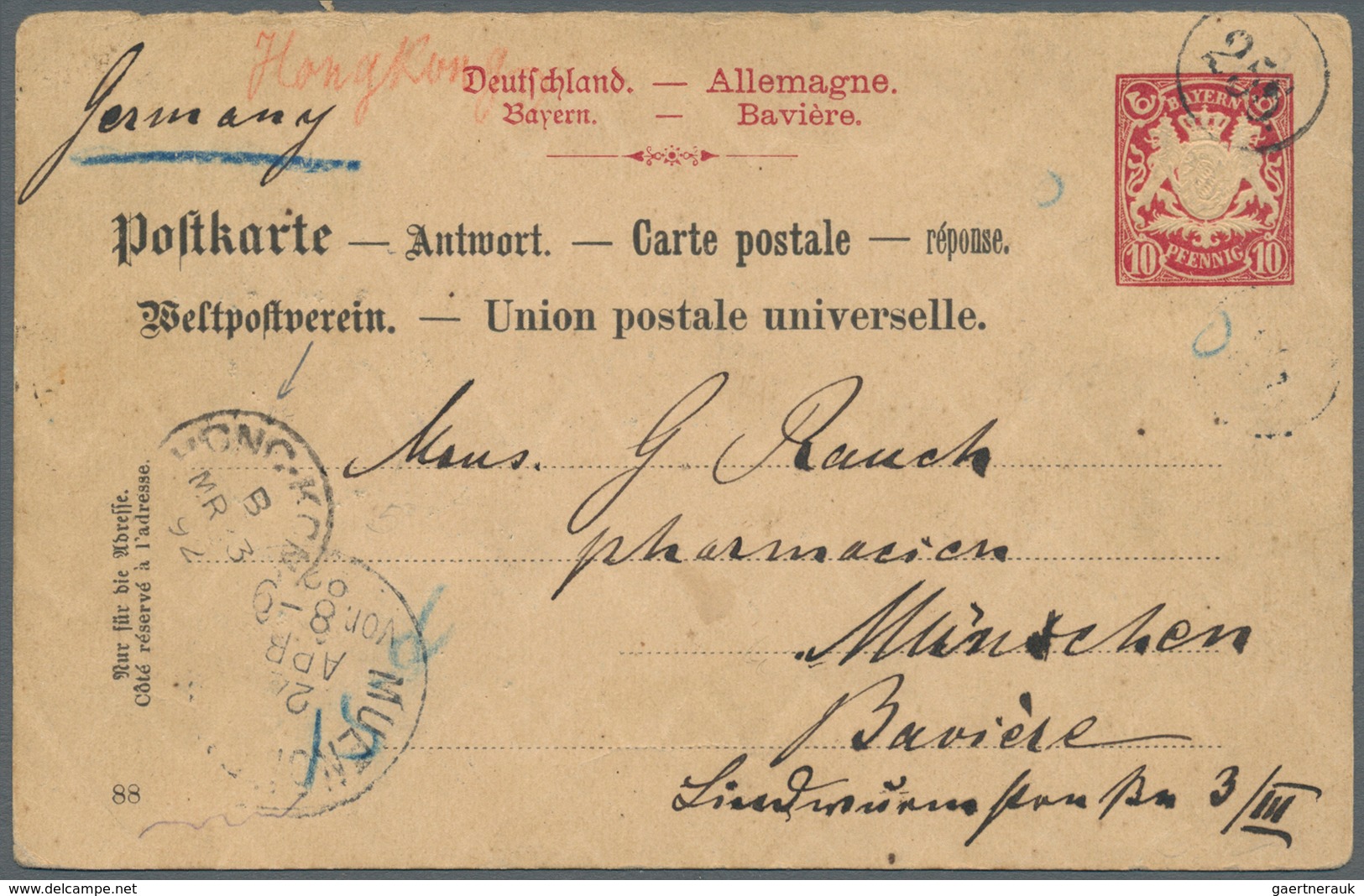 08617 Hongkong - Besonderheiten: 1892, UPU Reply Part Of Bavaria Not Accepted, Marked With Blue Crayon Cir - Autres & Non Classés