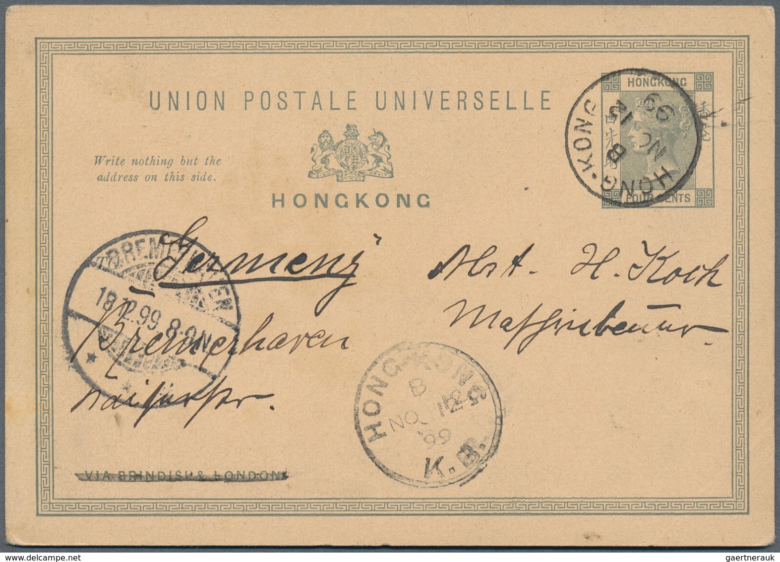 08618 Hongkong - Besonderheiten: Kowloon Branch: 1899, "HONG-KONG K. B. B NO 12 99" As Mark Of Origin On U - Sonstige & Ohne Zuordnung