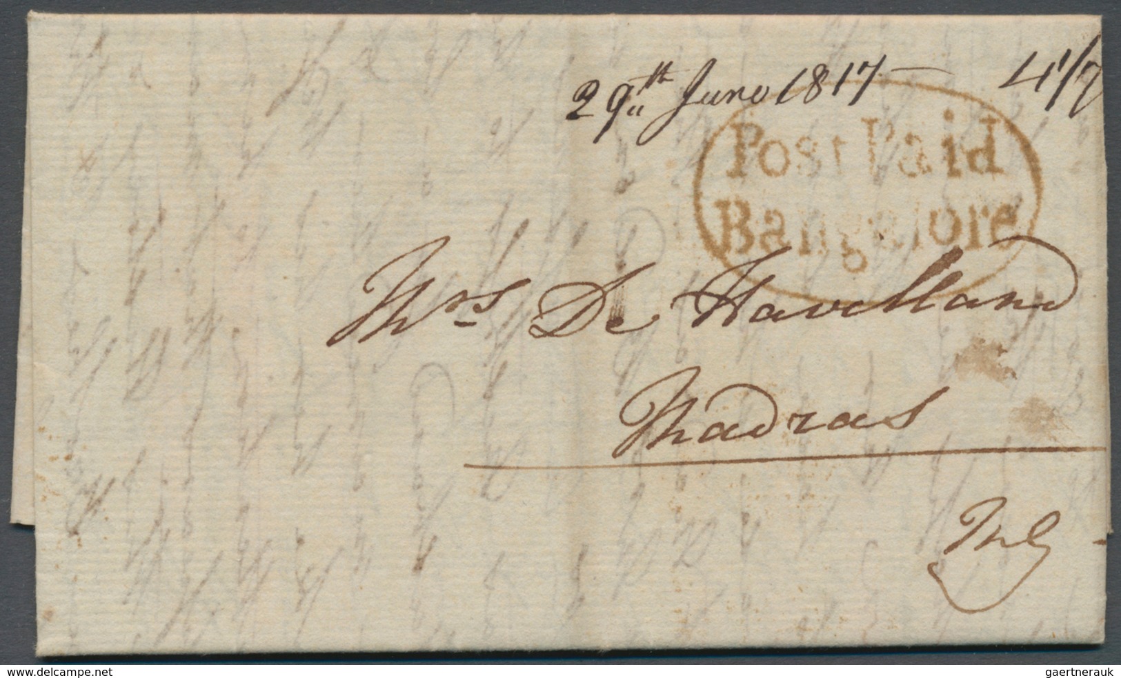 08628 Indien - Vorphilatelie: 1817 "Post Paid/Bangalore" Oval Handstamp (Giles Type 2) On Front Of Entire - ...-1852 Préphilatélie