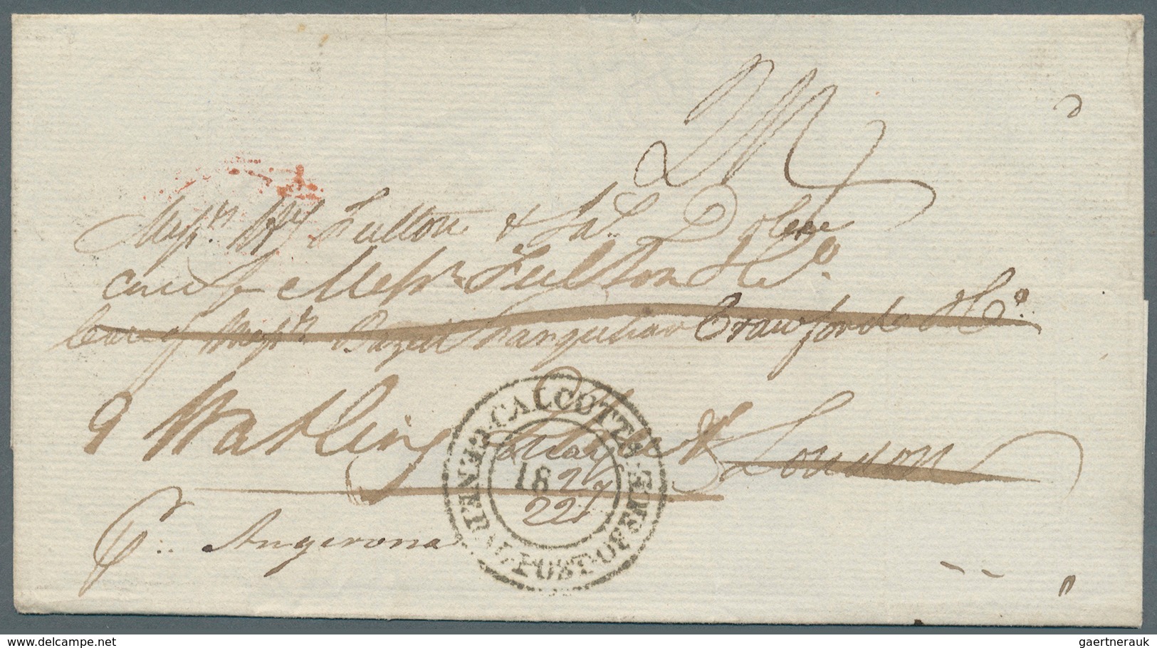 08636 Indien - Vorphilatelie: 1827, Folded Cover From Calcutta To London Per Ship ''Angerona'', And Re-direc - ...-1852 Préphilatélie