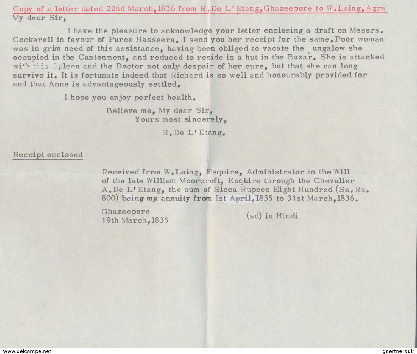 08647 Indien - Vorphilatelie: 1836 (22 Mar) Letter From Ghazeepore To Agra With Despatch Cds "GHAZEEPORE/p - ...-1852 Vorphilatelie