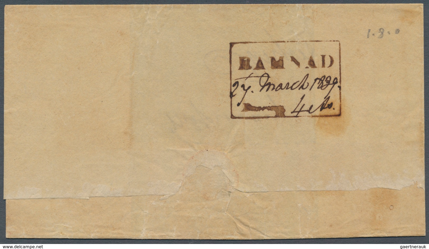 08655 Indien - Vorphilatelie: 1839 RAMNAD: Folded Wrapper Of Letter From Ramnad To A Missionary At Tanjore - ...-1852 Vorphilatelie