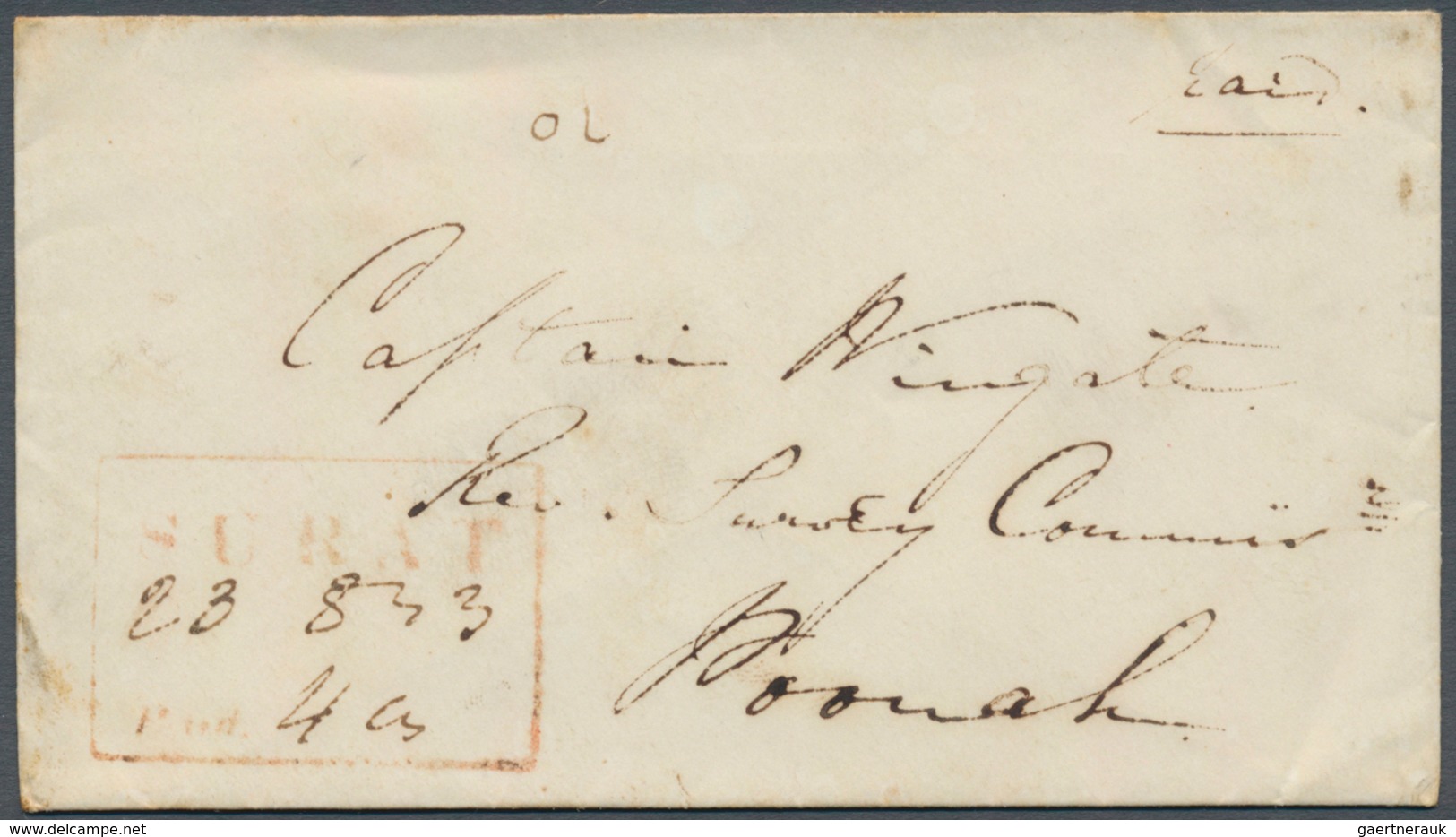 08660 Indien - Vorphilatelie: 1843 Cover From Surat To Captain Wingate At Poonah, With Framed "SURAT/Paid. - ...-1852 Préphilatélie