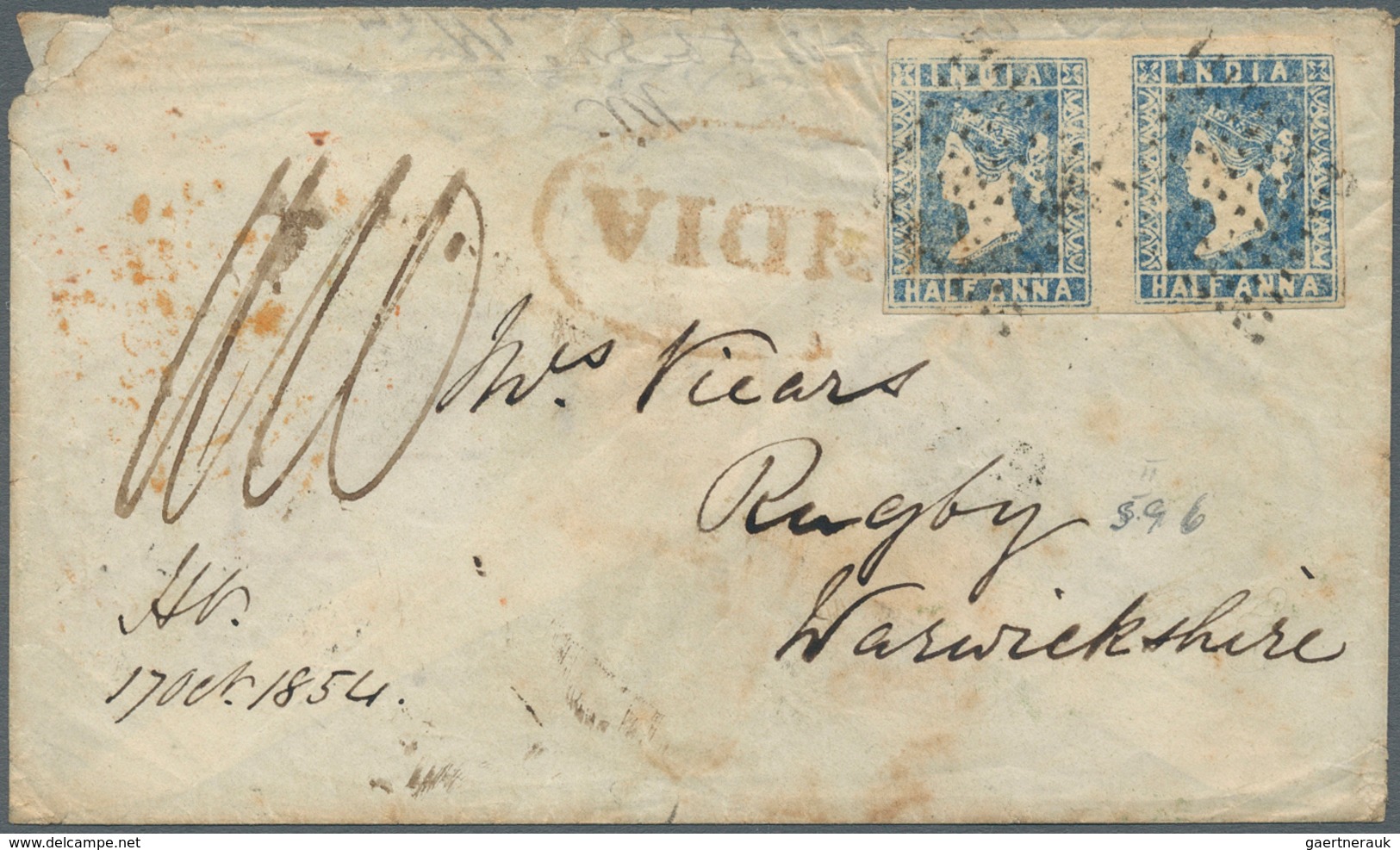 08672 Indien: 1854 (17 Oct), Lithographed ½a. Blue, Die I, Horizontal Pair Used On Cover From Wuzeerabad T - Autres & Non Classés