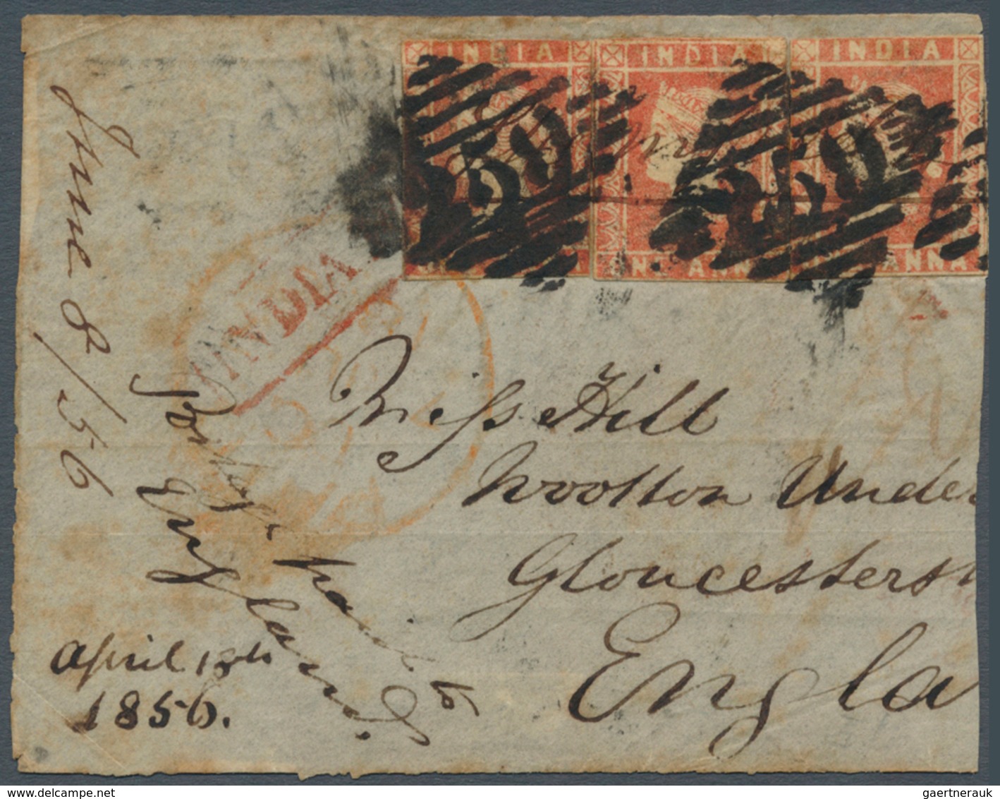 08674 Indien: 1854 Lithographed 1a. Red Three Singles Of Die II ("C" Stone) Used On Part Cover (left Part - Sonstige & Ohne Zuordnung