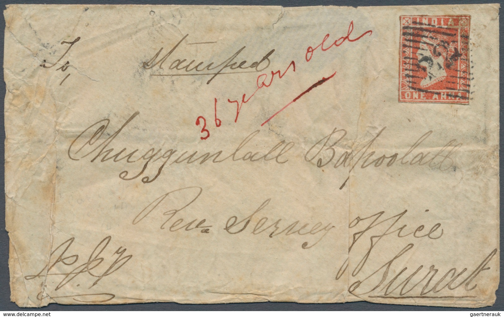 08675 Indien: 1854 Lithographed 1a. Dull Red, Die II, Used On Cover From Ahmedabad To Surat, Tied By Numer - Sonstige & Ohne Zuordnung