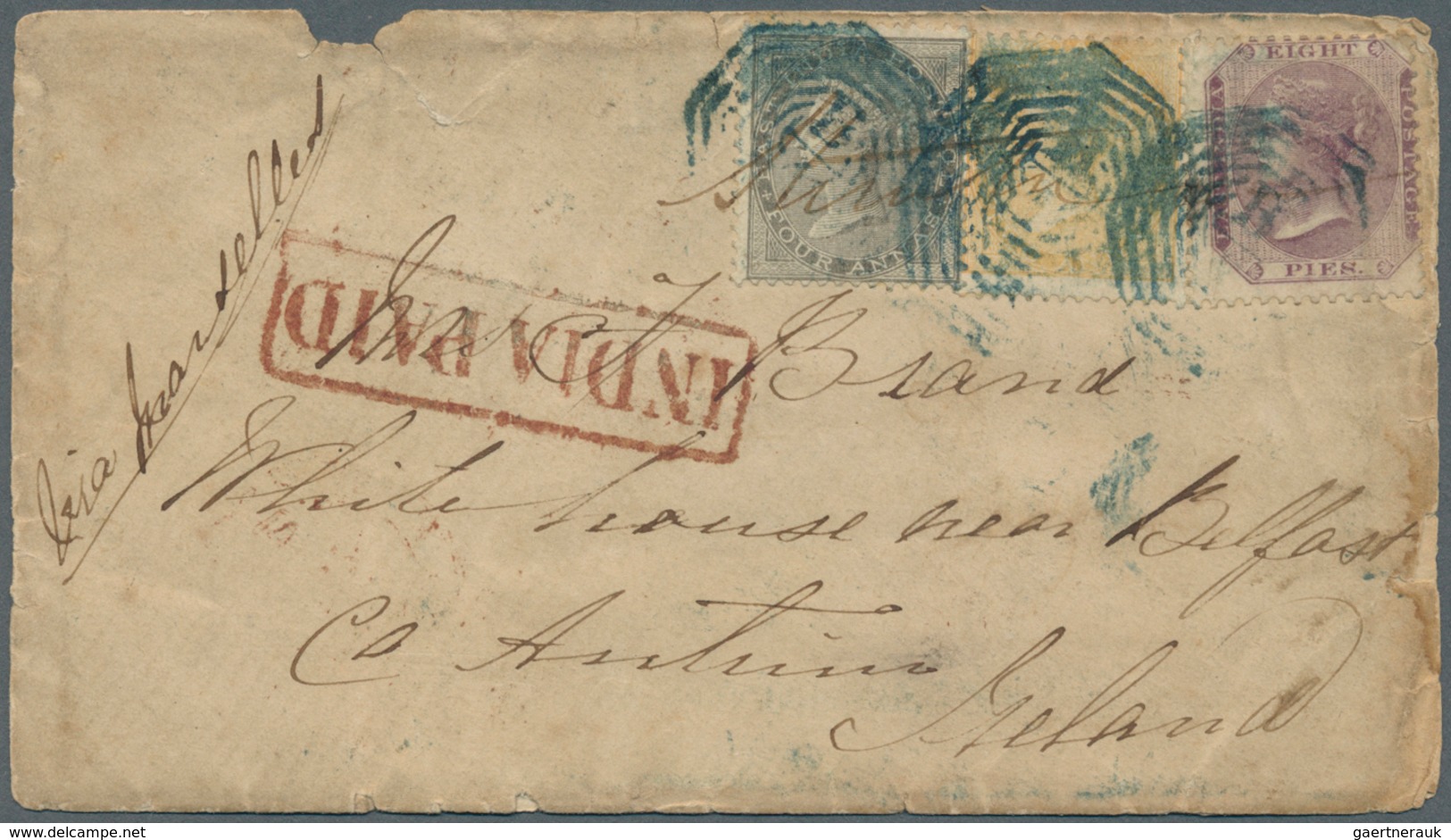 08695 Indien: 1858-81: Four covers from India to Ireland with various frankings (6a. (1858 cover), 4a. (18