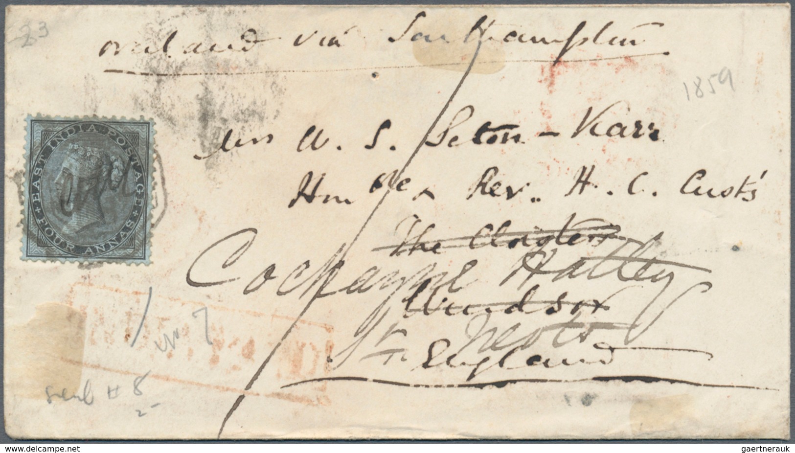 08697 Indien: 1854/64, covers (5) used to England x4 (Calcutta) and within India x1 (Jessore), also uprate