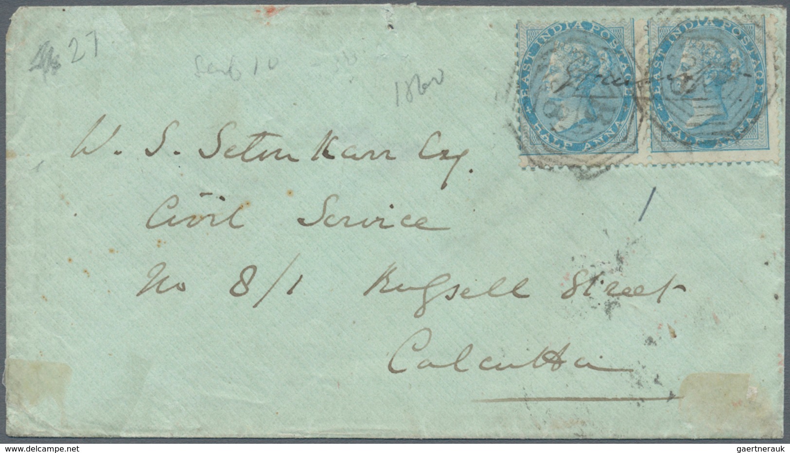 08697 Indien: 1854/64, covers (5) used to England x4 (Calcutta) and within India x1 (Jessore), also uprate