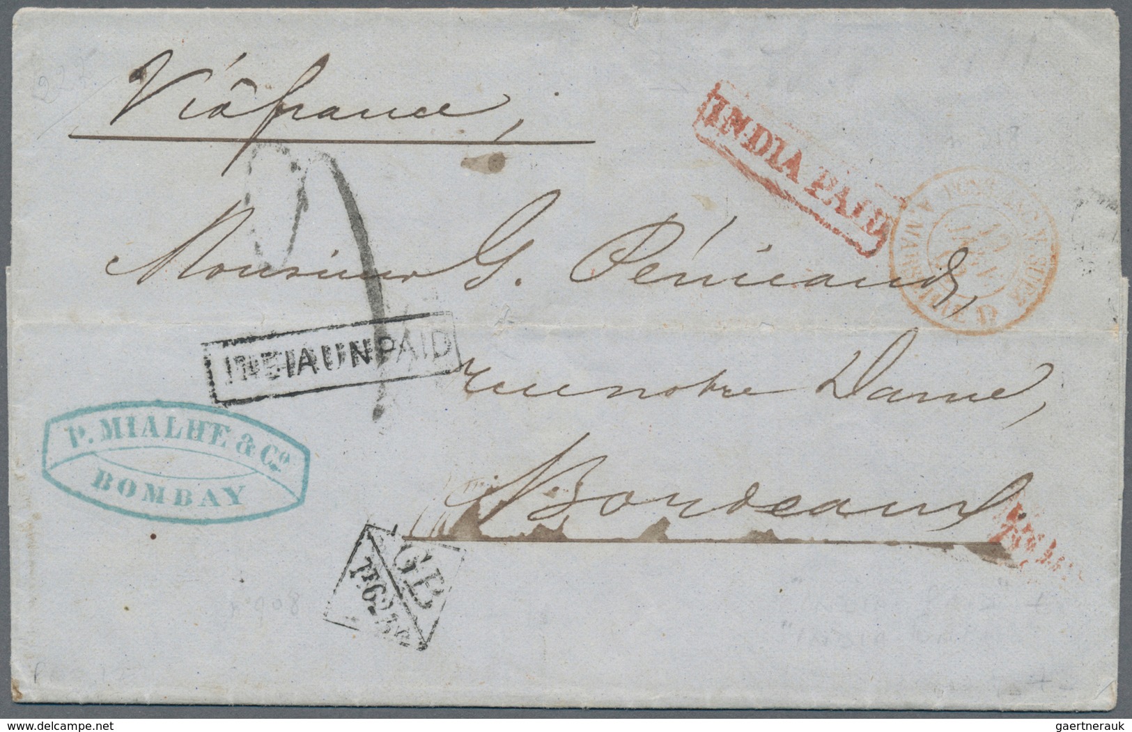 08701 Indien: 1861, Bombay To Bordeaux With Red INDIA PAID For Domestic Postage Rate. Took The Following R - Autres & Non Classés